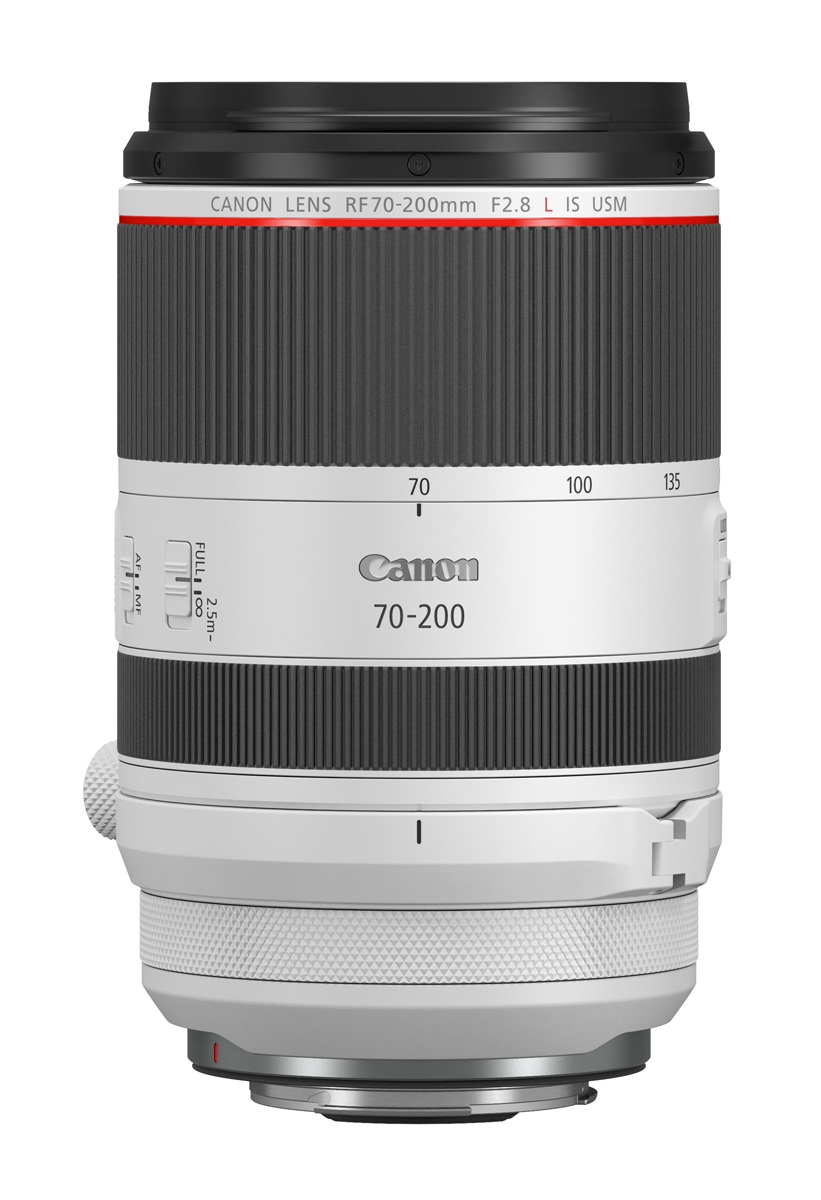 Canon 70-200mm Telezoom-Objektiv in Weiß – Frontansicht mit Zoom- und Fokusringen