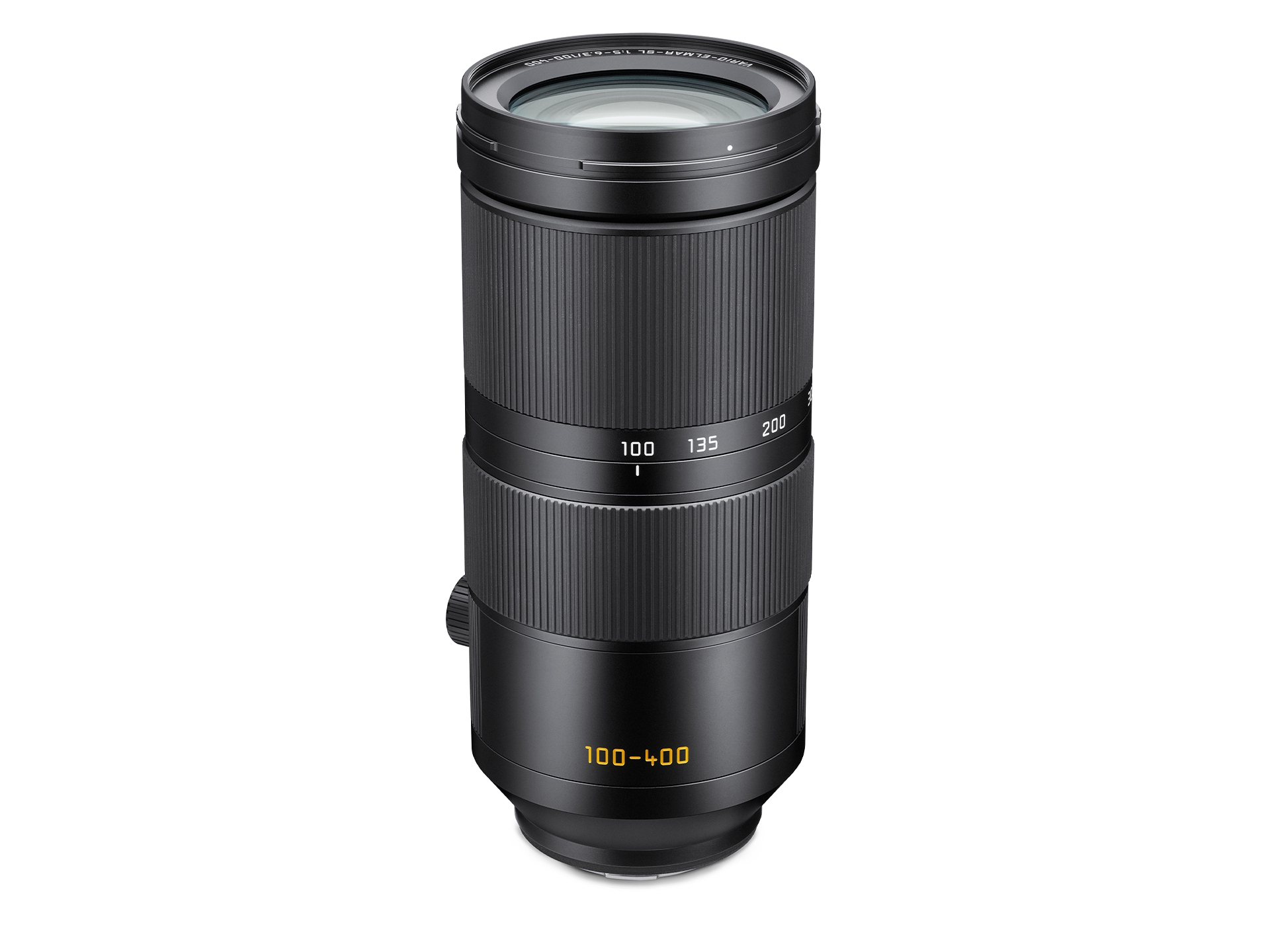 Schwarzes Leica Telezoomobjektiv mit Brennweitenbereich 100–400 mm, breiten geriffelten Einstellringen, sichtbarer Frontlinse und Brennweitenskala vor weißem Hintergrund.