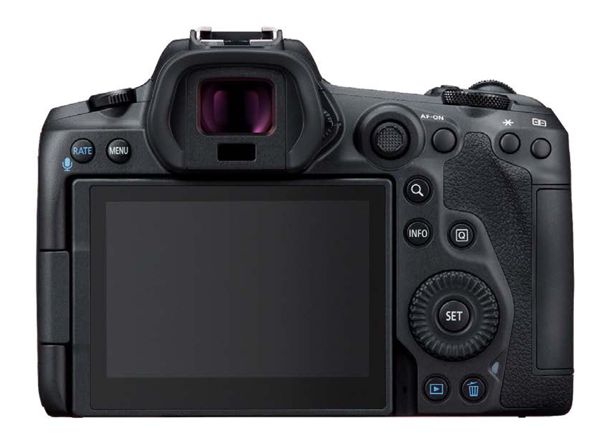 Canon EOS R5 Systemkamera in Schwarz – Rückansicht mit Display und Sucher
