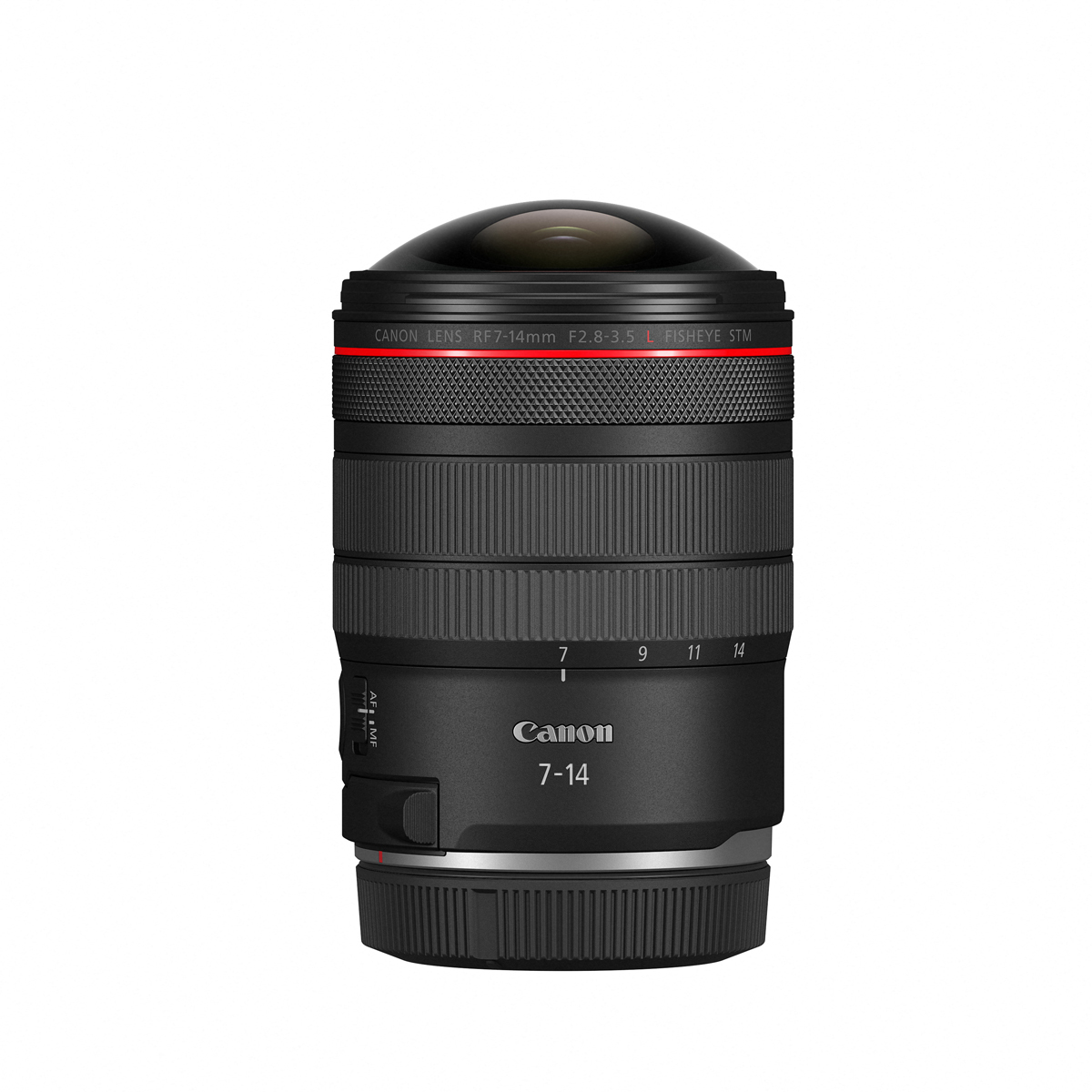 Gerade Frontansicht des Canon RF 7-14mm F2.8-3.5 L FISHEYE STM Zoomobjektivs mit dem charakteristischen roten Ring der L-Serie, geriffeltem Steuerring und den Brennweitenmarkierungen vor weißem Hintergrund.