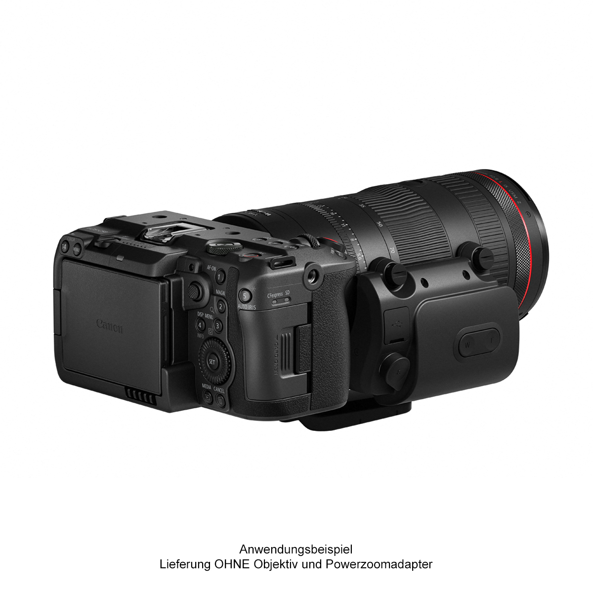 Canon EOS C Cinema-Kamera mit angesetztem RF L-Objektiv und Powerzoomadapter, schräg von hinten auf weißem Hintergrund; Hinweis: Anwendungsbeispiel, Lieferung ohne Objektiv und Powerzoomadapter.