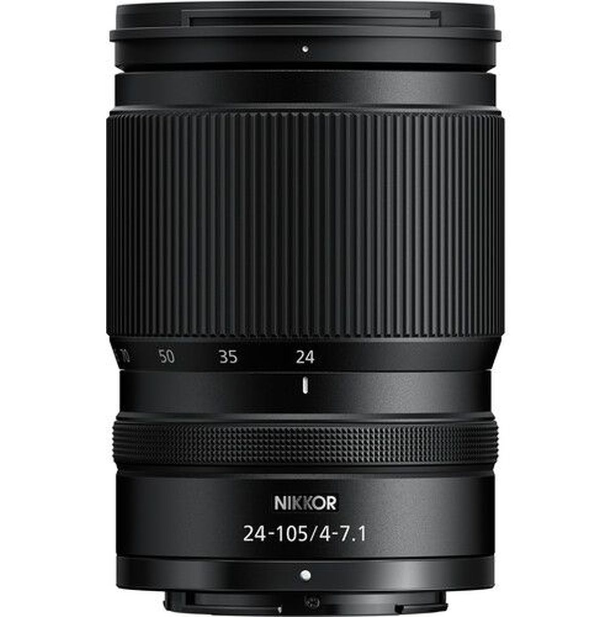 Direkte Frontansicht eines schwarzen Nikon NIKKOR Z 24-105mm f/4-7.1 Reise-Zoomobjektivs vor weißem Hintergrund mit gut lesbarer, weißer Produktbeschriftung am Tubusende sowie den Brennweitenmarkierungen 24, 35 und 50 am breiten, geriffelten Zoomring.