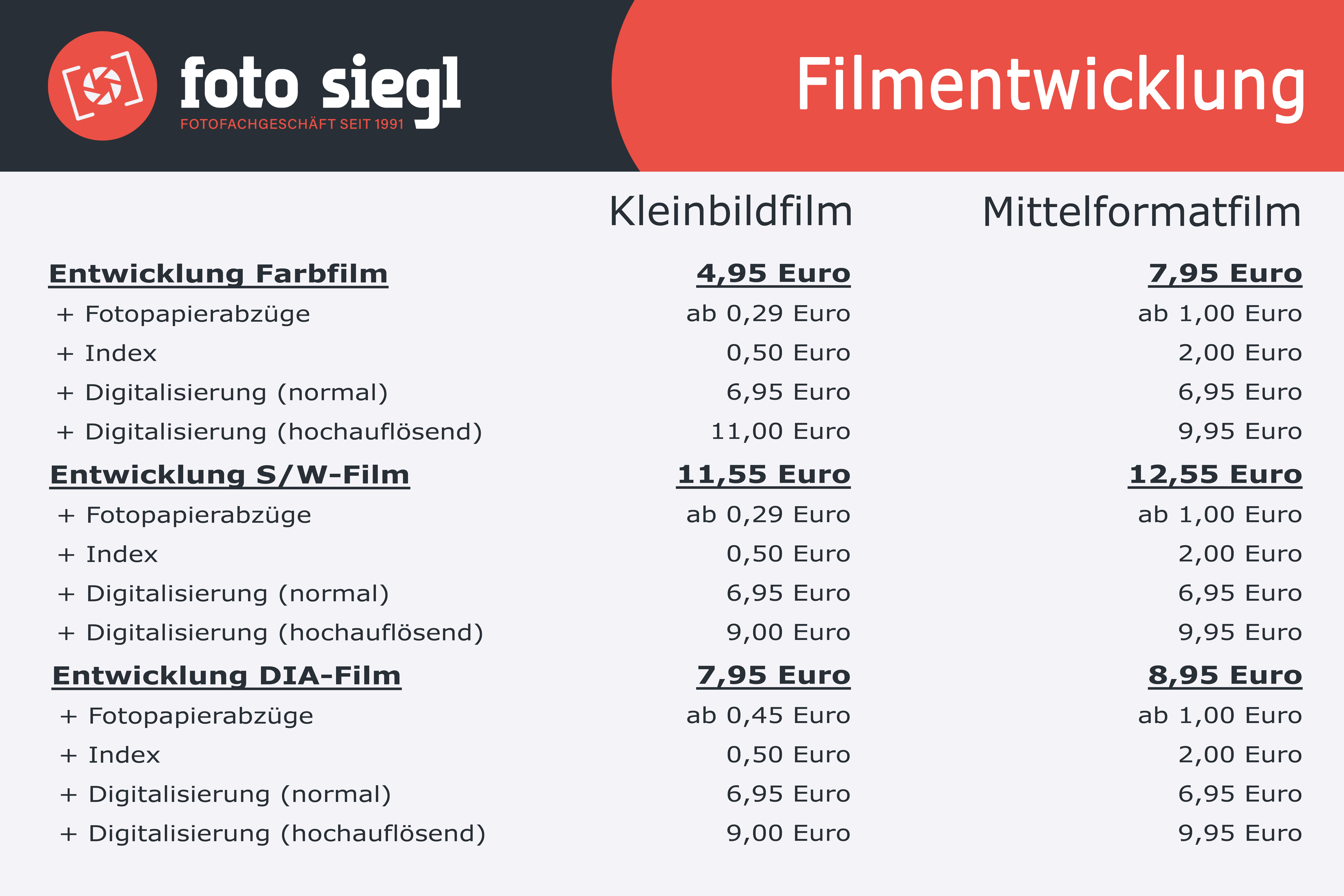 Preise zu Filmentwicklungen bei Foto Siegl, eine Übersicht