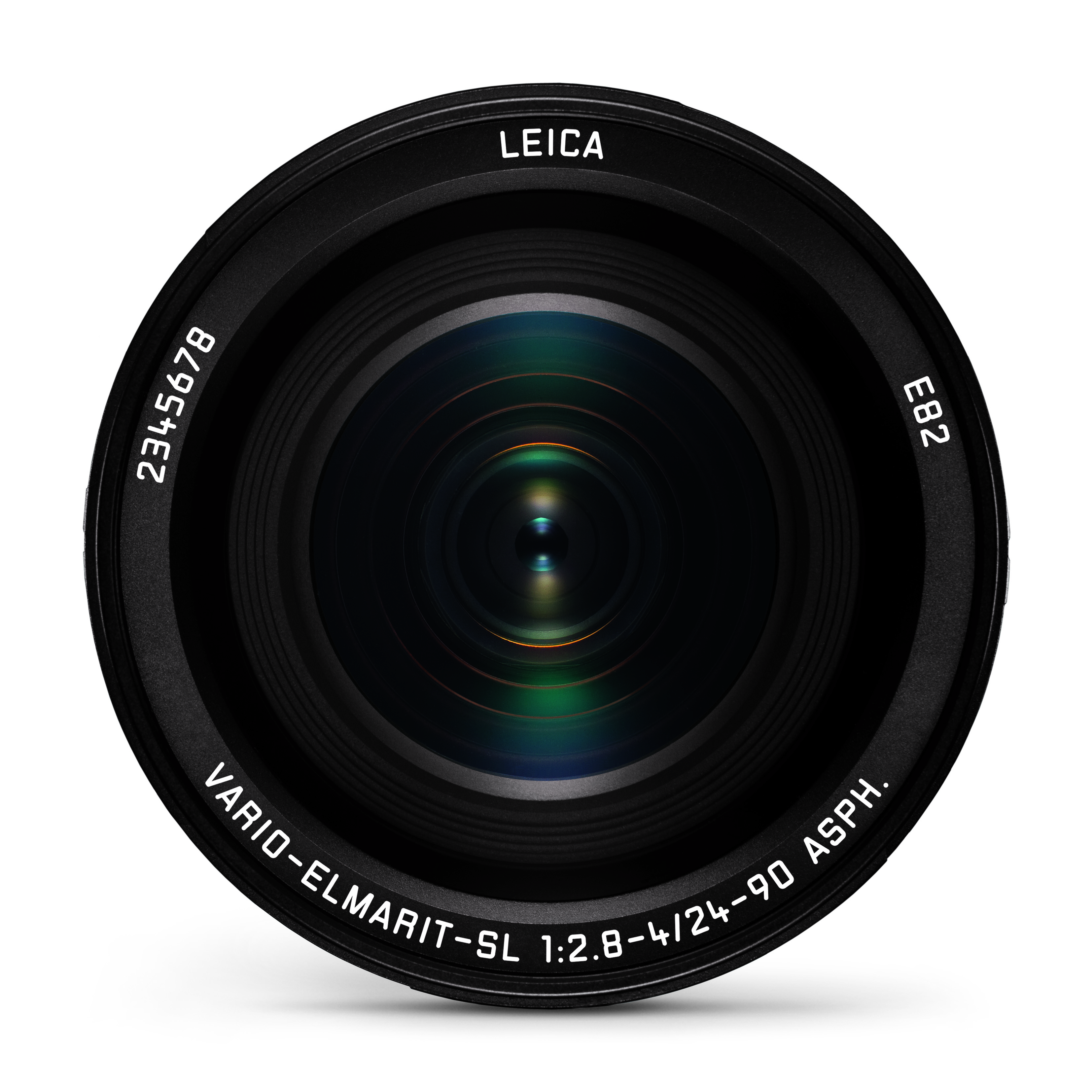 Frontalansicht eines Leica Vario-Elmarit-SL 24-90mm f/2.8-4 ASPH. Zoomobjektivs mit direktem Blick auf die Frontlinse, den beschrifteten Objektivring mit Angaben wie „LEICA“, „E82“ und der Seriennummer, freigestellt vor weißem Hintergrund.