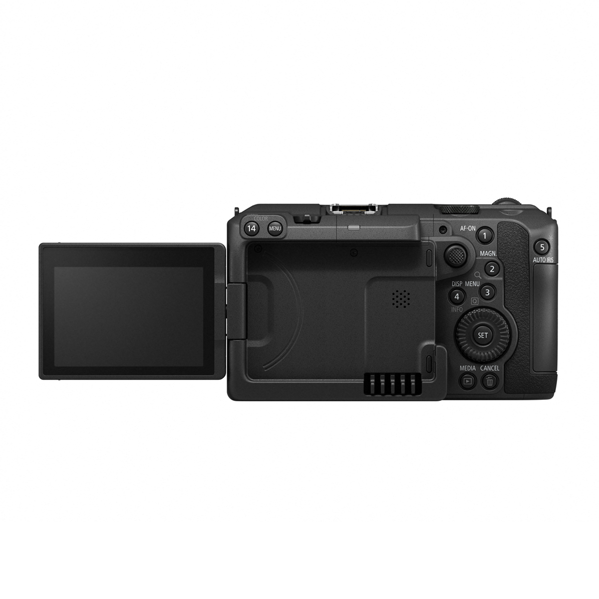Rückansicht einer schwarzen Canon EOS C Cinema-Kamera mit seitlich ausgeklapptem Display und rückseitigen Bedienelementen auf weißem Hintergrund.