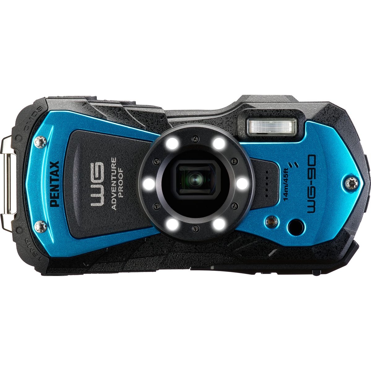 Robuste blau-schwarze PENTAX WG-3 Outdoor-Kompaktkamera mit integriertem Blitz, zentralem Objektiv und LED-Leuchtring vor weißem Hintergrund.