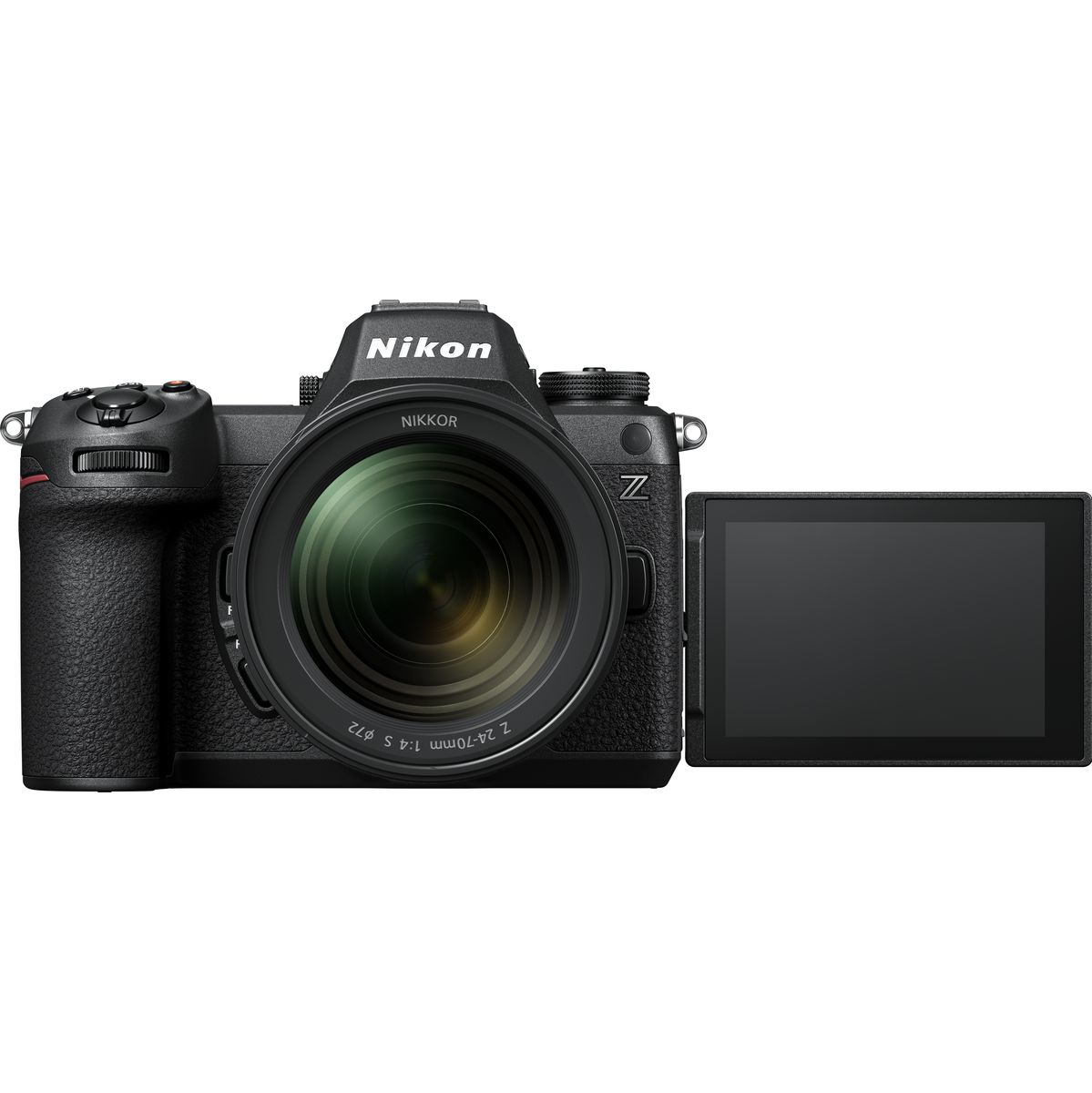 Direkte Frontansicht einer schwarzen Nikon Z6 II Systemkamera vor weißem Hintergrund mit montiertem NIKKOR Z 24-70mm f/4 S Zoom-Objektiv und einem seitlich vollständig nach rechts ausgeklappten, dunklen LCD-Display.