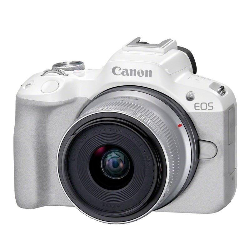 Canon EOS R50 spiegellose APS-C-Systemkamera in Weiß mit Objektiv