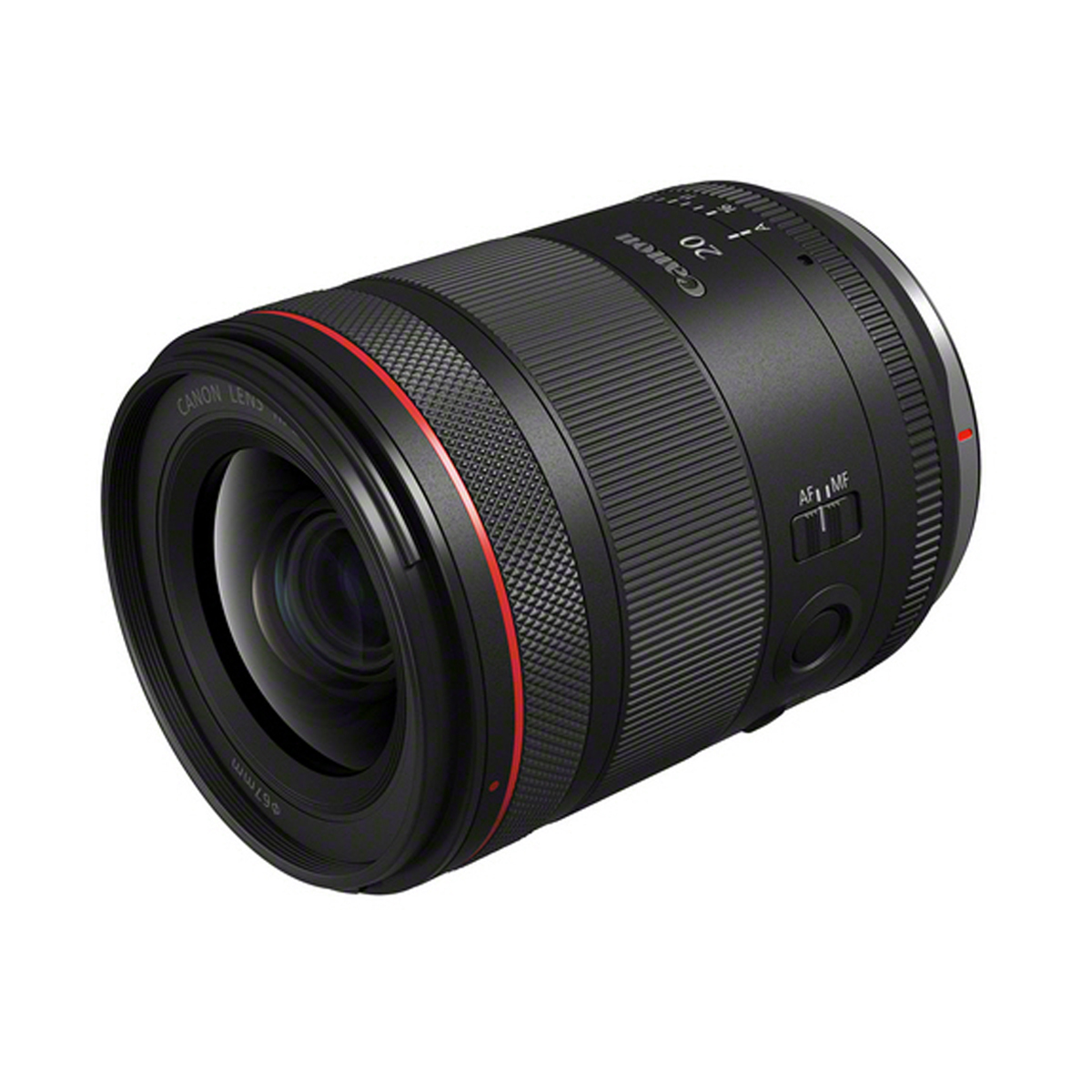 Schwarzes Canon RF Zoomobjektiv mit rotem L-Serie-Akzentring, breitem Fokusring und seitlichen Bedienelementen auf weißem Hintergrund.