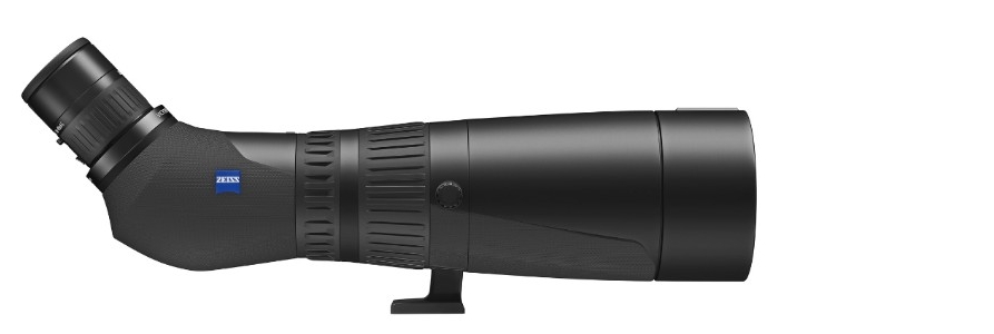 Schwarzes Zeiss Victory Harpia Spektiv mit Schrägeinblick in der Seitenansicht, ausgestattet mit einem gummierten Fokussierring, integriertem Stativfuss und dem blauen Zeiss-Logo auf dem Gehäuse, freigestellt vor weißem Hintergrund.