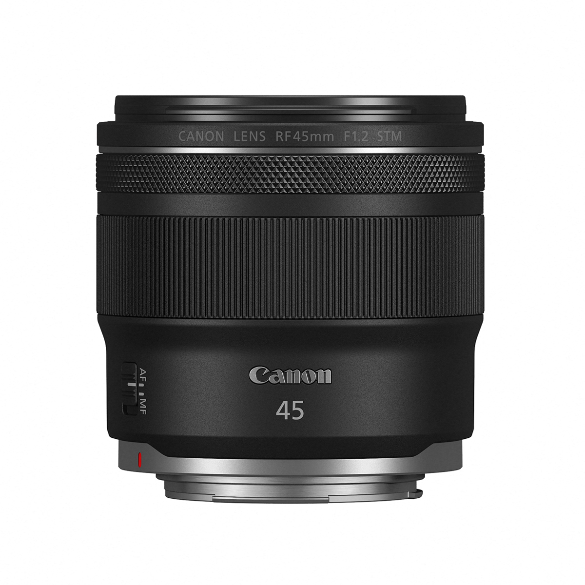 Symmetrische Produktansicht des Canon RF 45mm f/1.2 STM Festbrennweiten-Objektivs von vorne mit Fokus auf den AF/MF-Schalter, den breiten Fokusring und den silbernen Bajonettanschluss auf weißem Hintergrund.