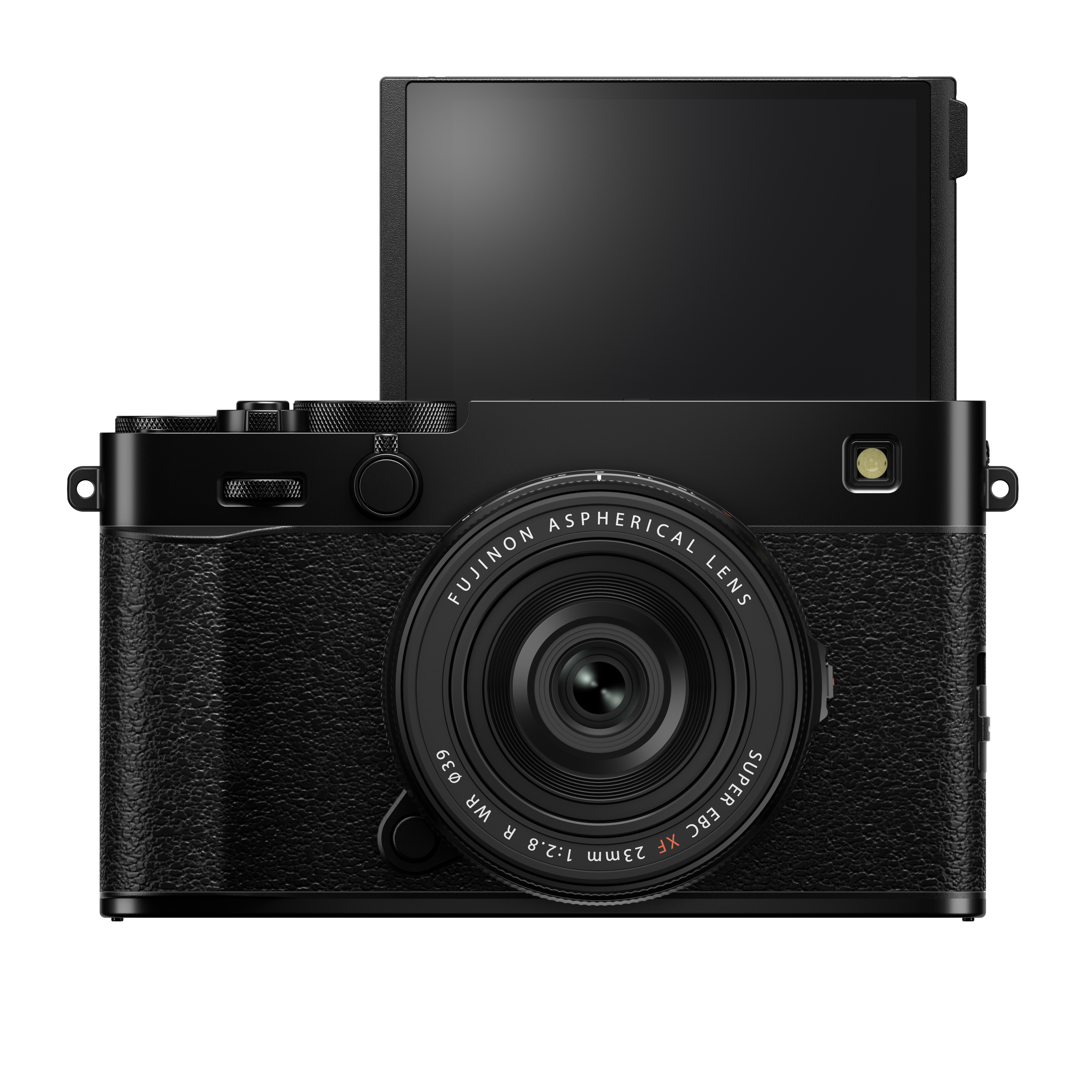 Schwarze Fujifilm X-E5 spiegellose Systemkamera in der direkten Frontalansicht vor weißem Hintergrund, mit aufgesetztem kompakten, schwarzen Fujinon XF 23mm f/2 R WR Objektiv und einem nach oben um 180 Grad hochgeklappten LCD-Touchscreen-Display für Selfi