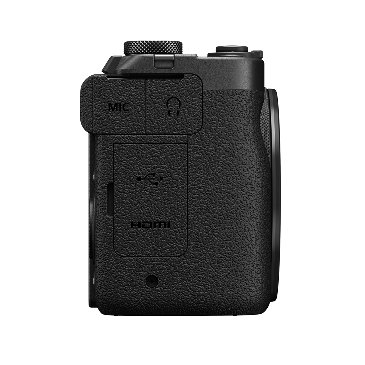 Seitenansicht einer schwarzen Canon Kompaktkamera mit Abdeckungen für Mikrofon-, Kopfhörer-, USB- und HDMI-Anschlüsse auf weißem Hintergrund.