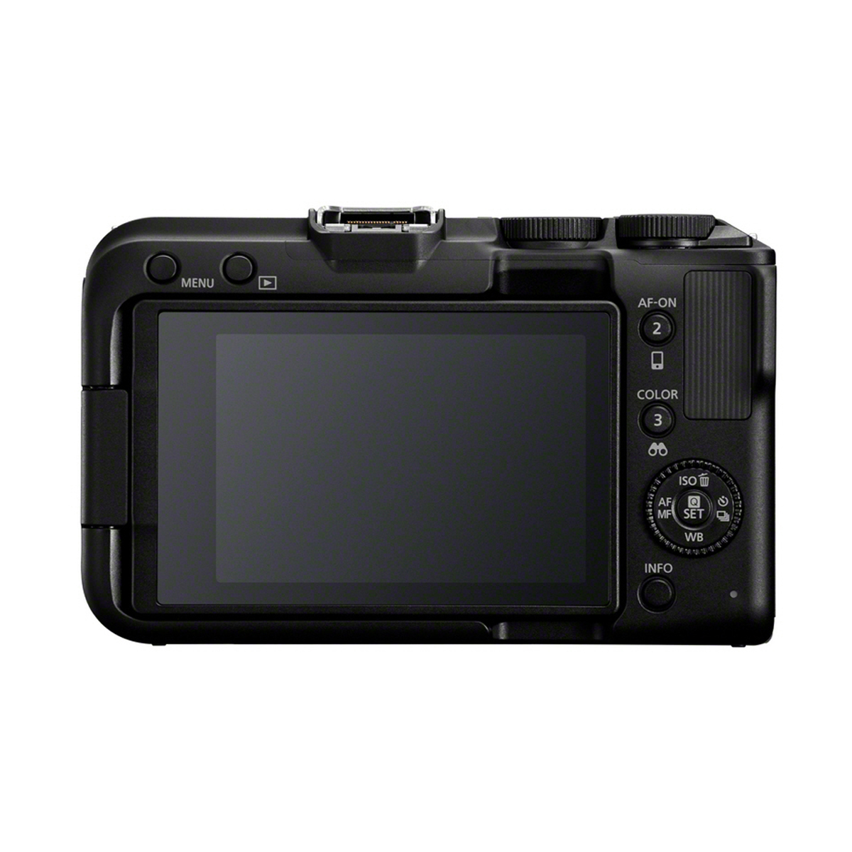 Rückansicht der schwarzen Canon EOS R50 V Systemkamera mit großem Display, Steuerkreuz und Bedientasten auf weißem Hintergrund.