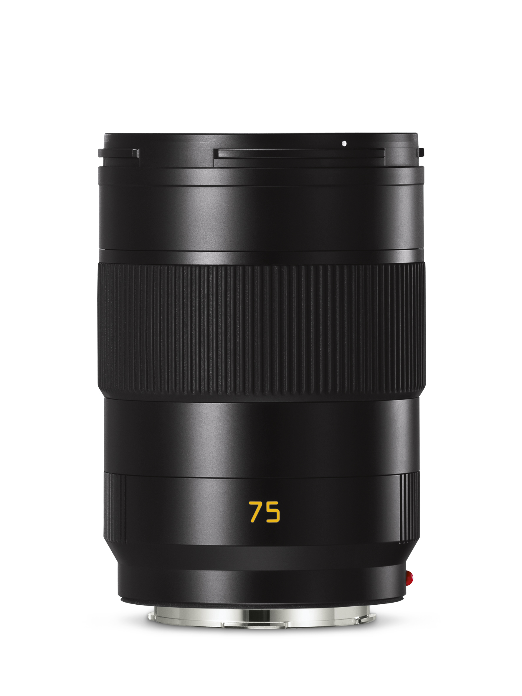 Schwarzes 75-mm-Festbrennweitenobjektiv mit breitem geriffeltem Fokussierring und gelber „75“-Markierung vor weißem Hintergrund.