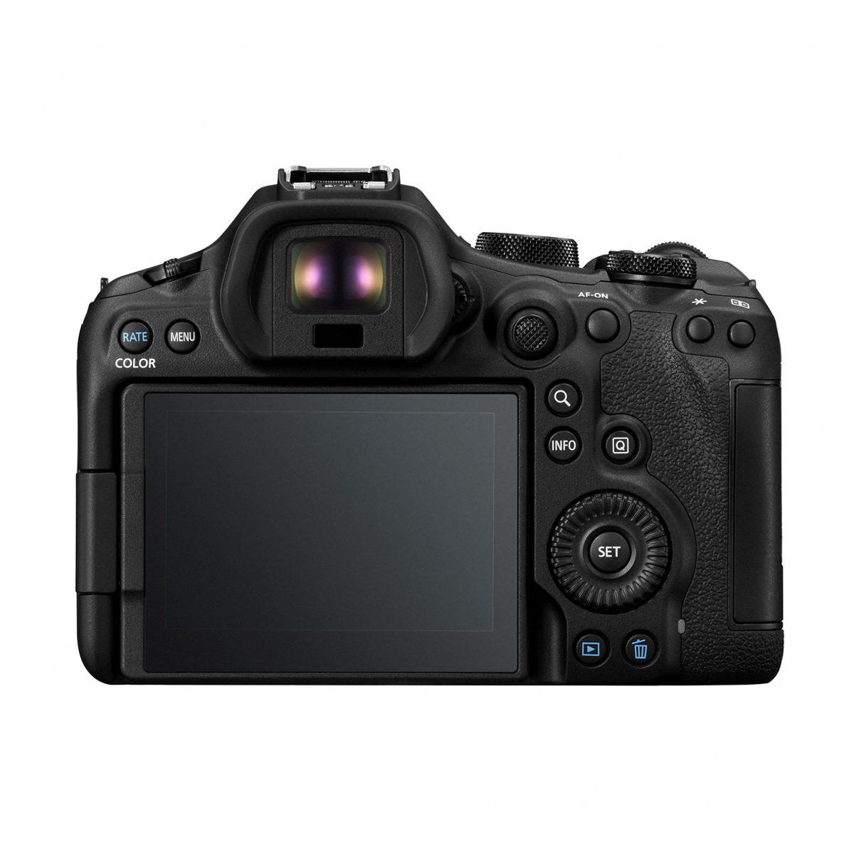 Rückansicht des Gehäuses der Canon EOS R6 Mark II spiegellosen Systemkamera mit geschlossenem Display, elektronischem Sucher und Steuerknöpfen auf weißem Hintergrund.