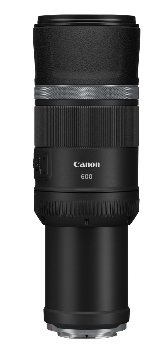 Canon RF 600mm Teleobjektiv ausgefahren – Seitenansicht in Schwarz