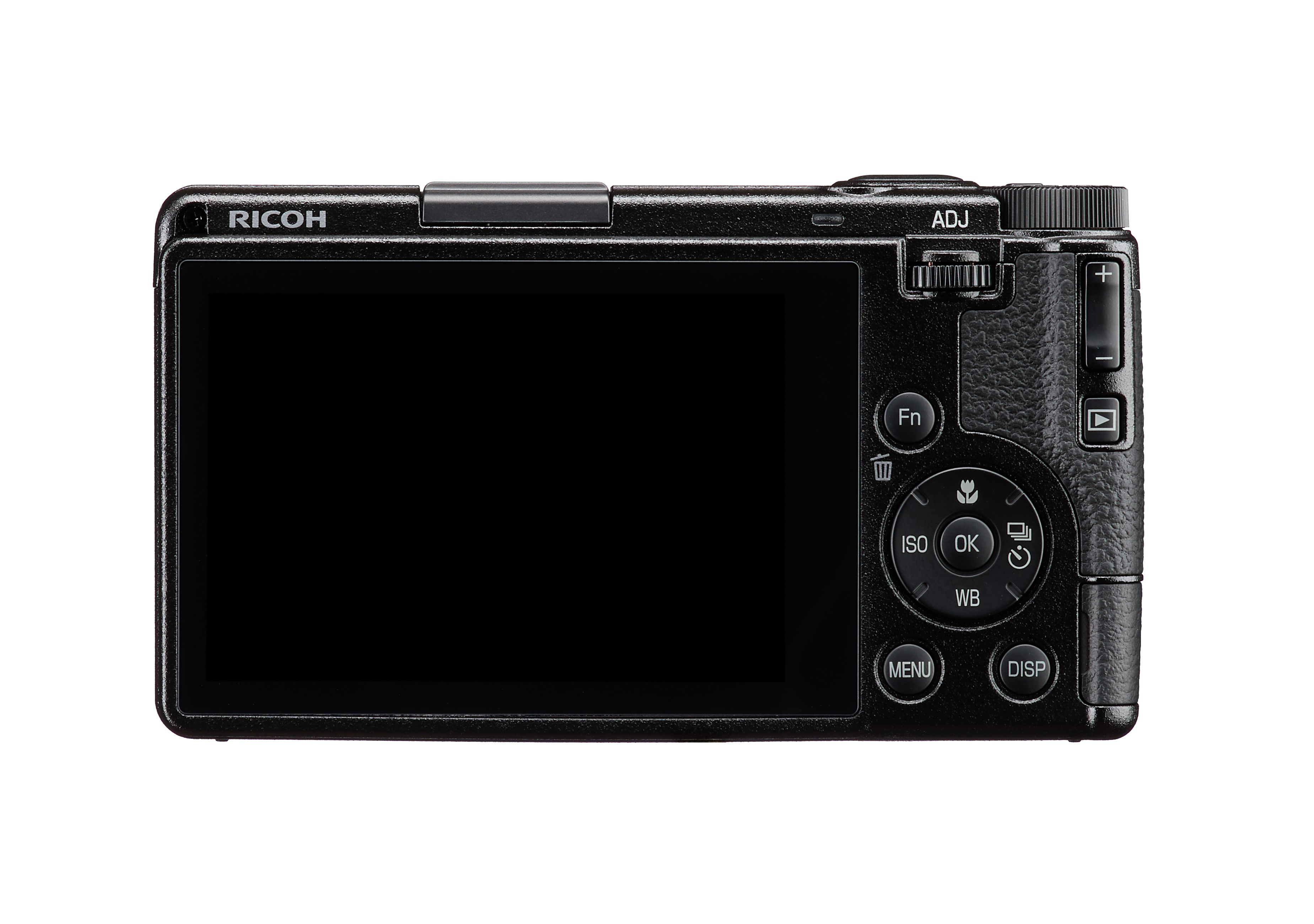 Rückansicht einer kompakten schwarzen Ricoh-Digitalkamera mit großem Display sowie mehreren Bedienknöpfen und Einstellrad auf weißem Hintergrund.