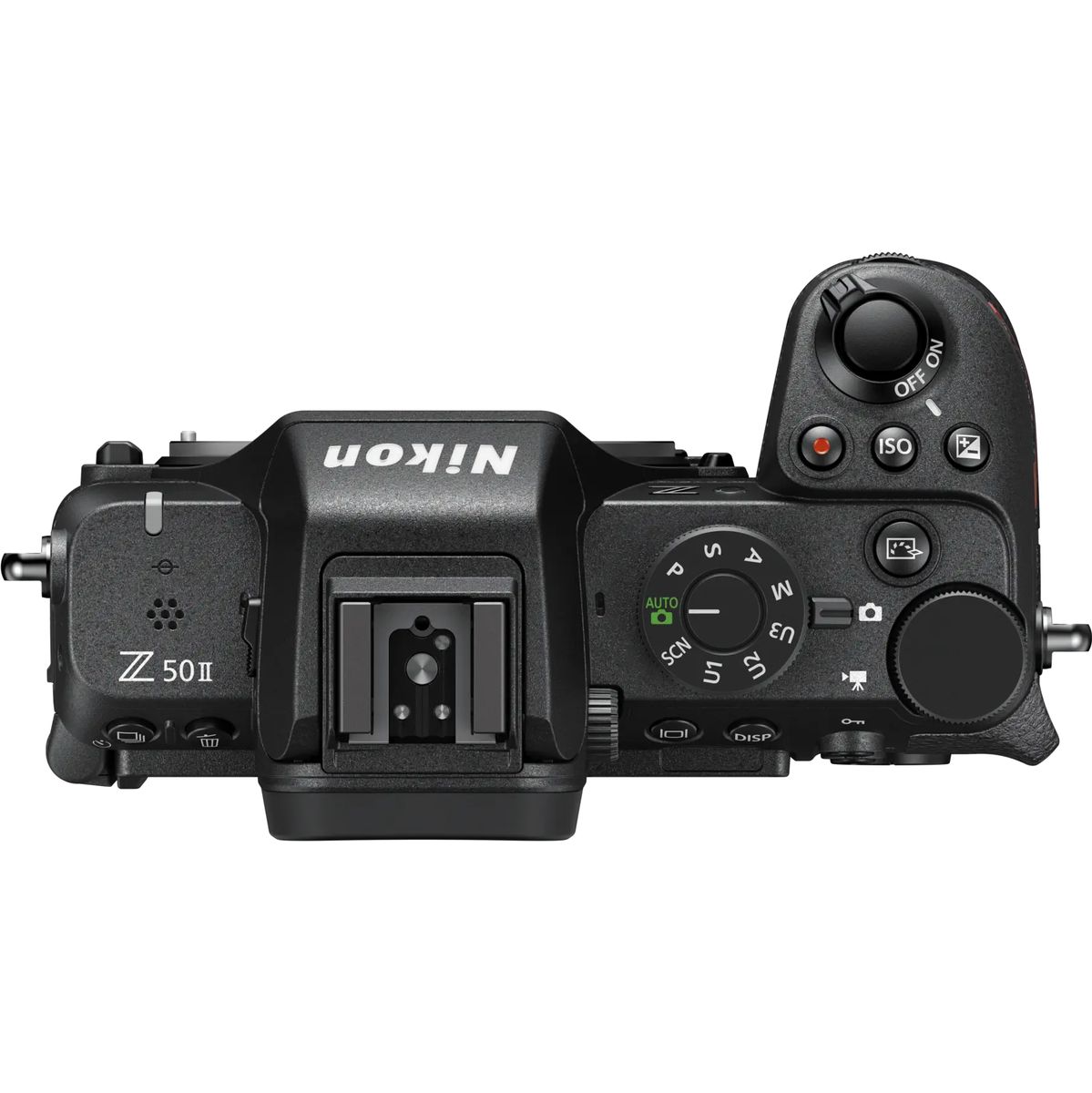 Direkte Draufsicht auf das Gehäuse einer schwarzen Nikon Z50 II Systemkamera vor weißem Hintergrund mit detaillierter Sicht auf die Gehäuseoberseite inklusive Z50 II-Modellprägung, mechanischem Modus-Wahlrad mit SCN- und AUTO-Modus, ISO-Taste, Ein- und Au