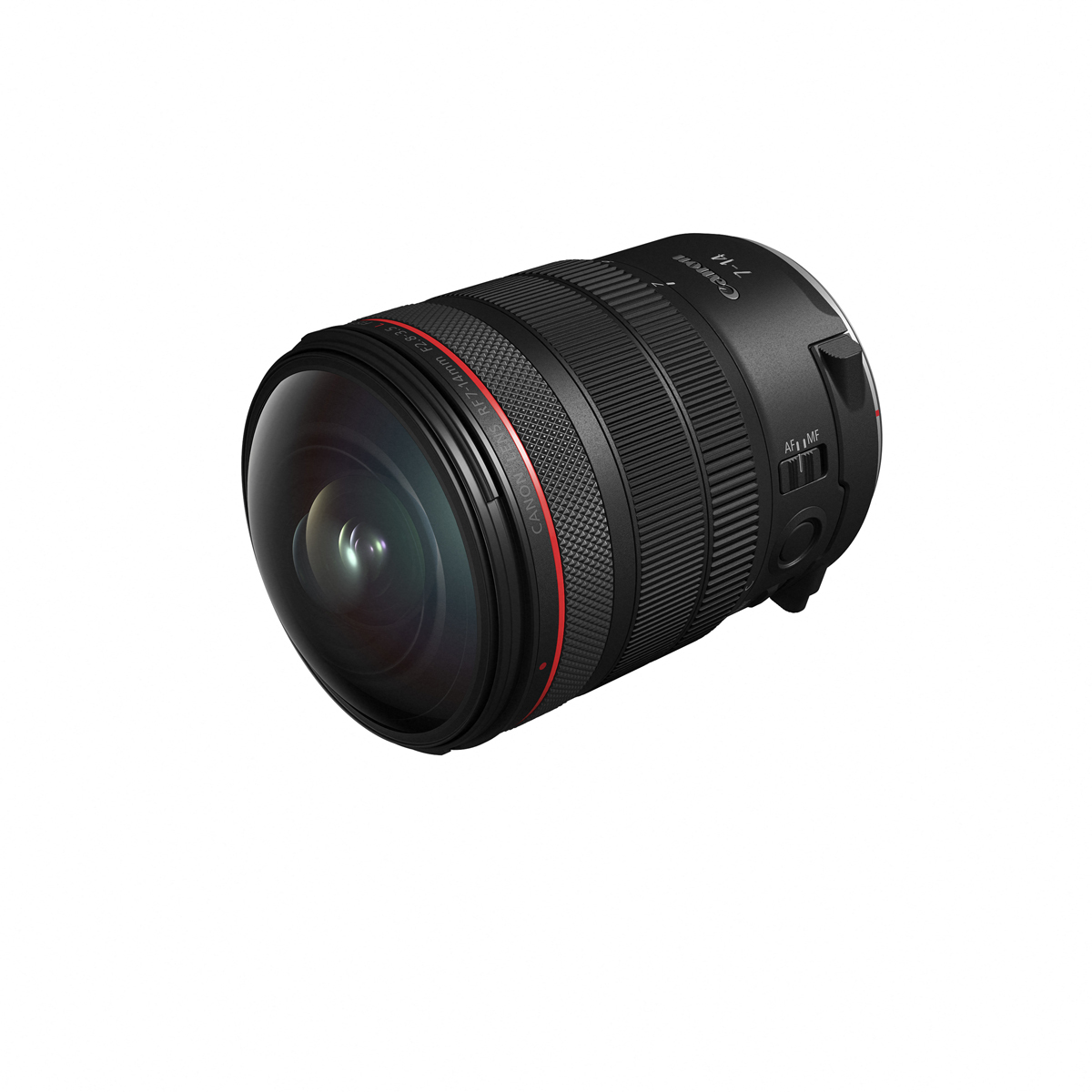 Perspektivische Frontansicht des Canon RF 7-14mm F2.8-3.5 L FISHEYE STM Zoomobjektivs mit stark gewölbter Frontlinse, rotem Ring der L-Serie und seitlichen Schaltern für den Autofokus vor weißem Hintergrund.