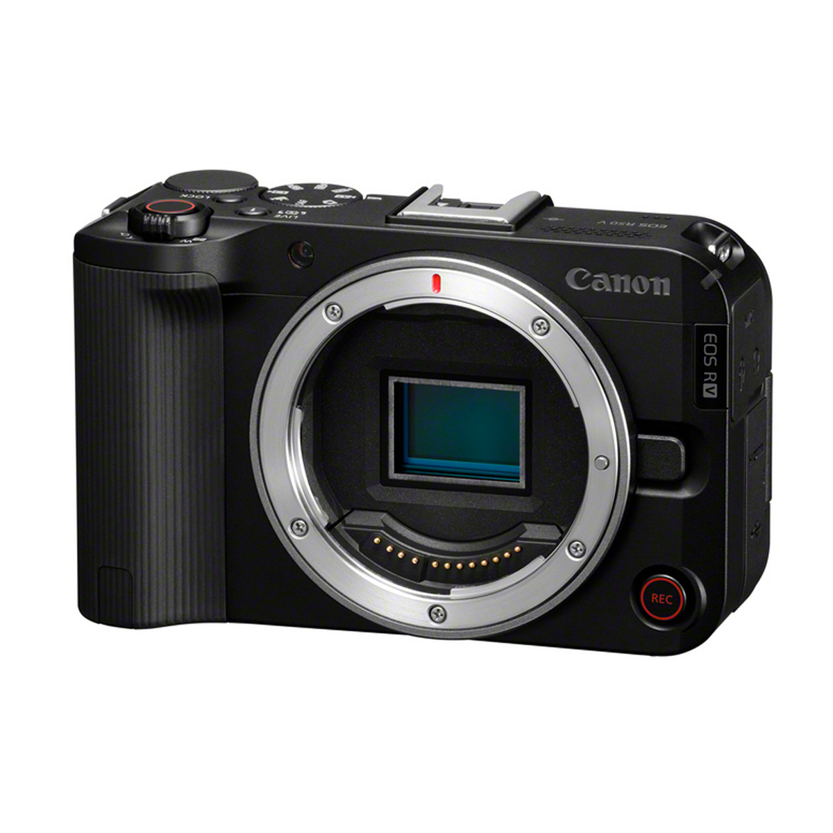 Schwarze Canon EOS R50 V Systemkamera ohne Objektiv in Frontansicht mit sichtbarem Bildsensor und RF-Bajonett auf weißem Hintergrund.