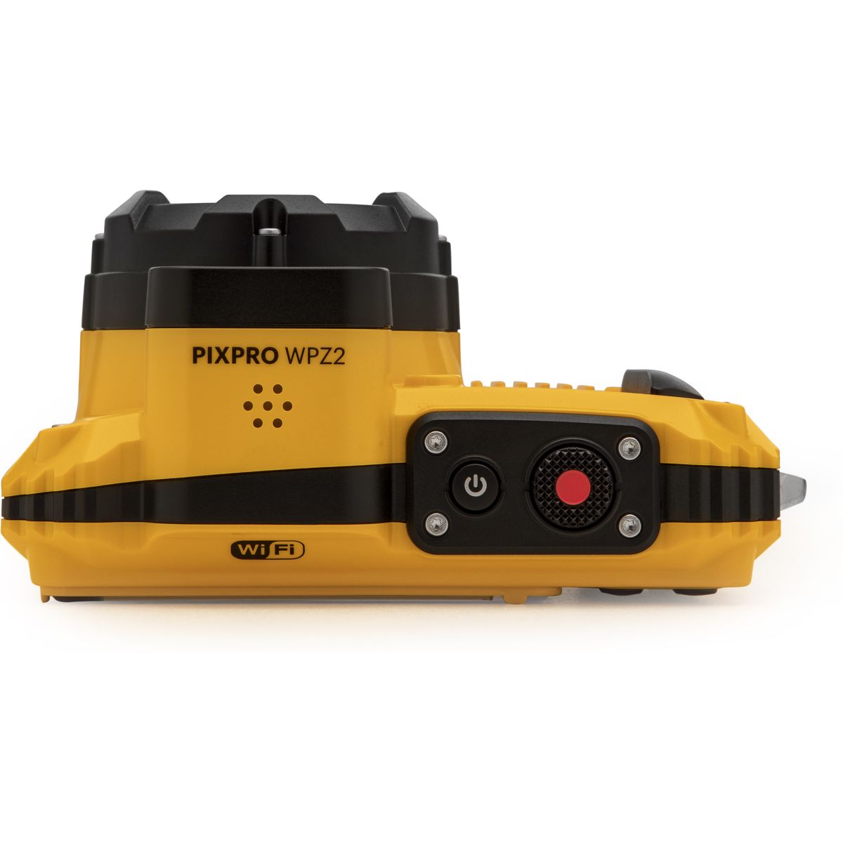 Ansicht der Unterseite einer gelb-schwarzen Kodak Pixpro WPZ2 Outdoorkamera vor weißem Hintergrund mit der Modellbezeichnung, dem Lautsprechergitter, der Einschalttaste und dem Auslöser mit rotem Punkt.