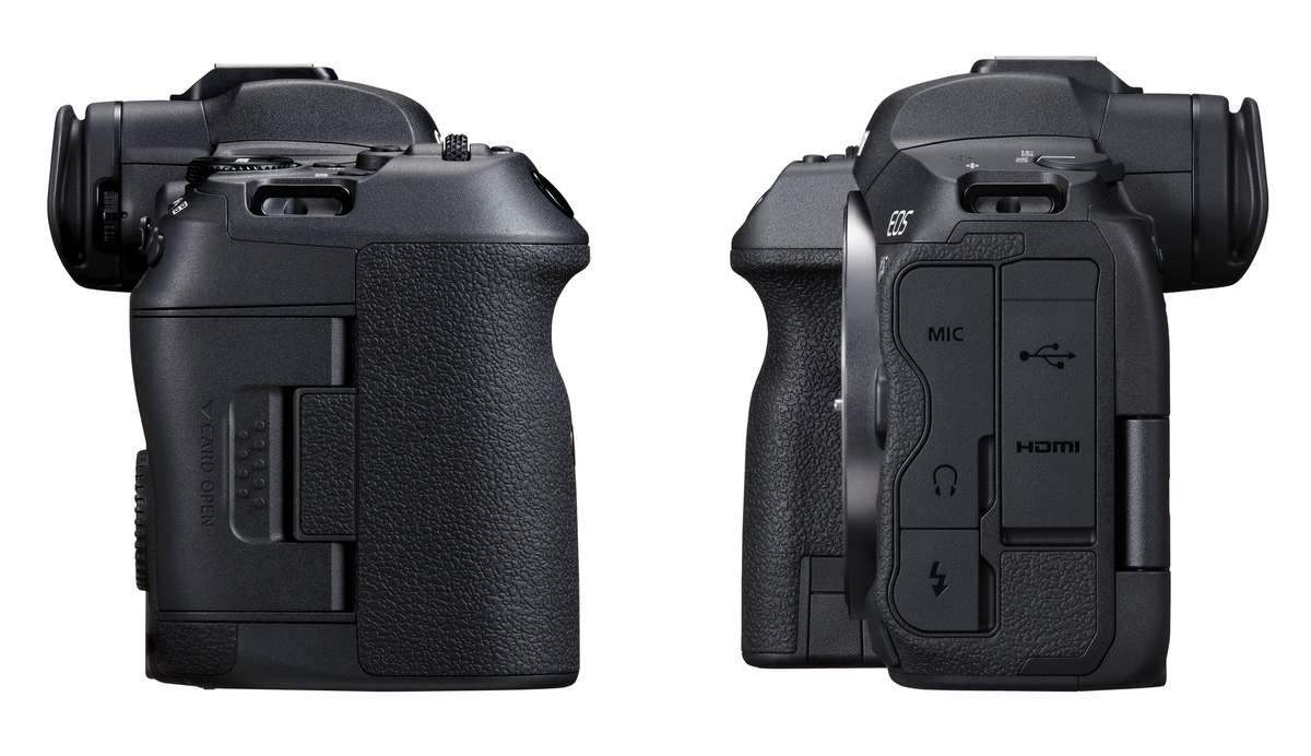 Canon EOS R5 Systemkamera in Schwarz – Seitenansichten mit Griff, Anschlüssen und Kartenfach