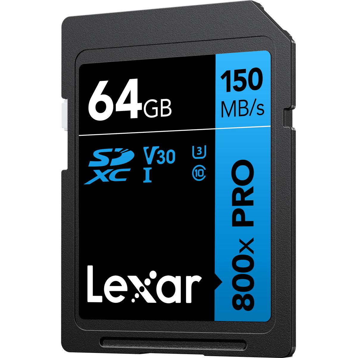 Lexar Professional 800x SDXC-Speicherkarte mit 64 GB Kapazität, V30-Klassifizierung und bis zu 150 MB/s Lesegeschwindigkeit vor weißem Hintergrund.