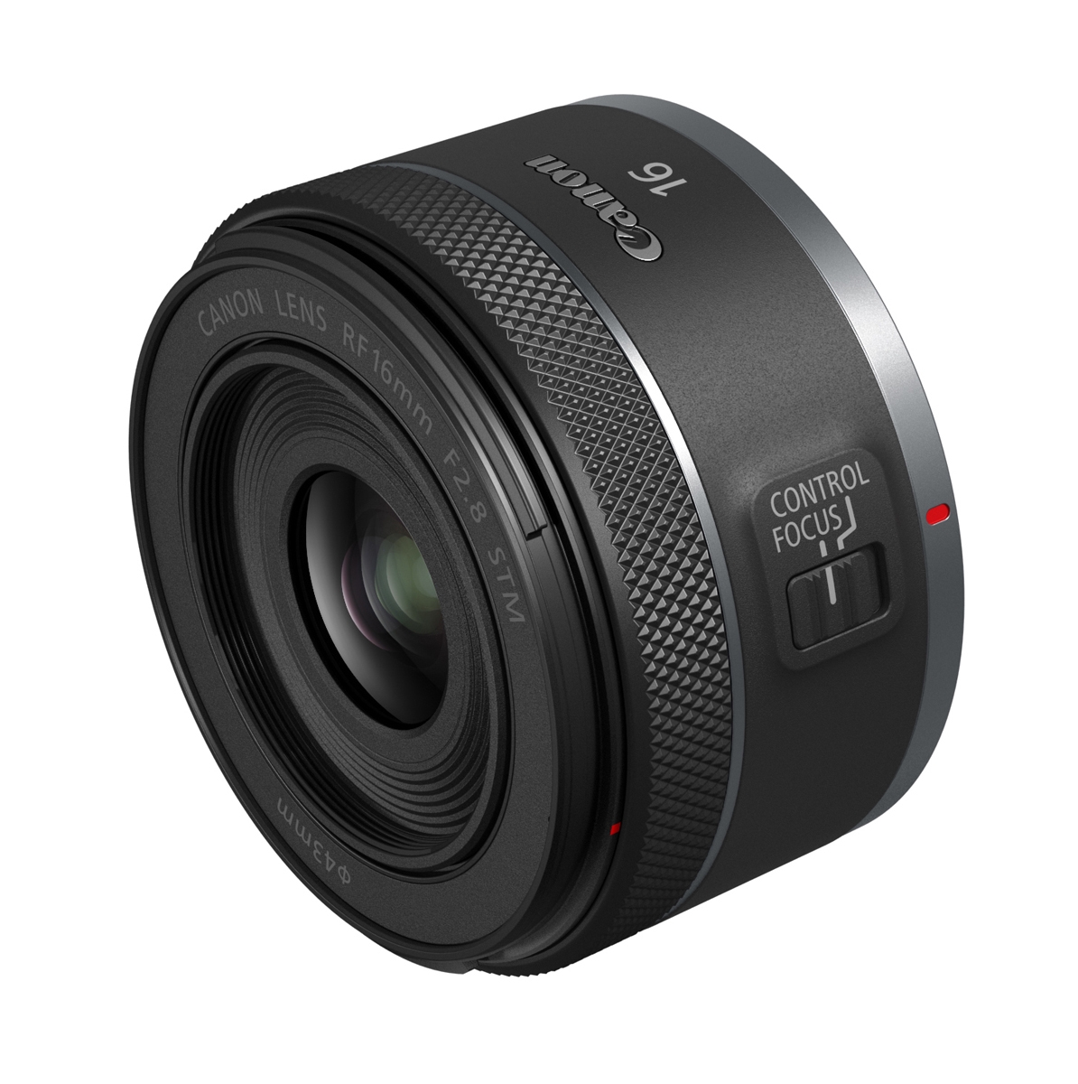 Schwarzes Canon RF 16-mm-Festbrennweitenobjektiv in schräger Ansicht mit sichtbarer Frontlinse, geriffeltem Einstellring und „Control/Focus“-Schalter vor weißem Hintergrund.