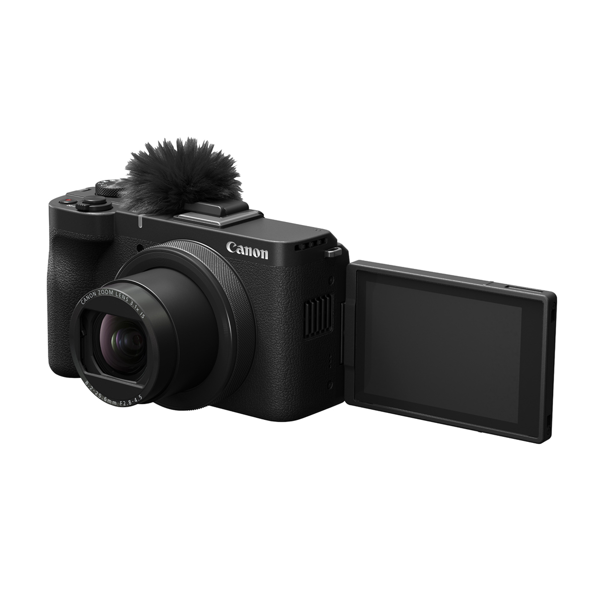 Schwarze Canon Kompaktkamera mit angesetztem Objektiv, Windschutz-Mikrofon und seitlich ausgeklapptem Display, schräg von vorne auf weißem Hintergrund.