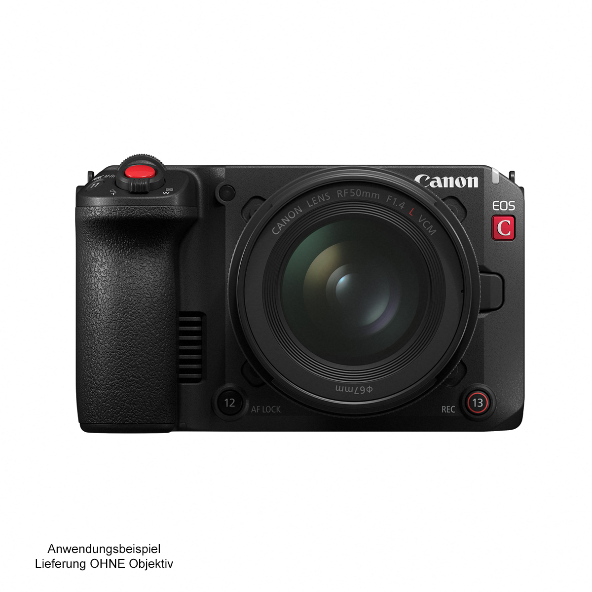 Canon EOS C Cinema-Kamera mit angesetztem Objektiv in Frontansicht auf weißem Hintergrund; Hinweis: Anwendungsbeispiel, Lieferung ohne Objektiv.