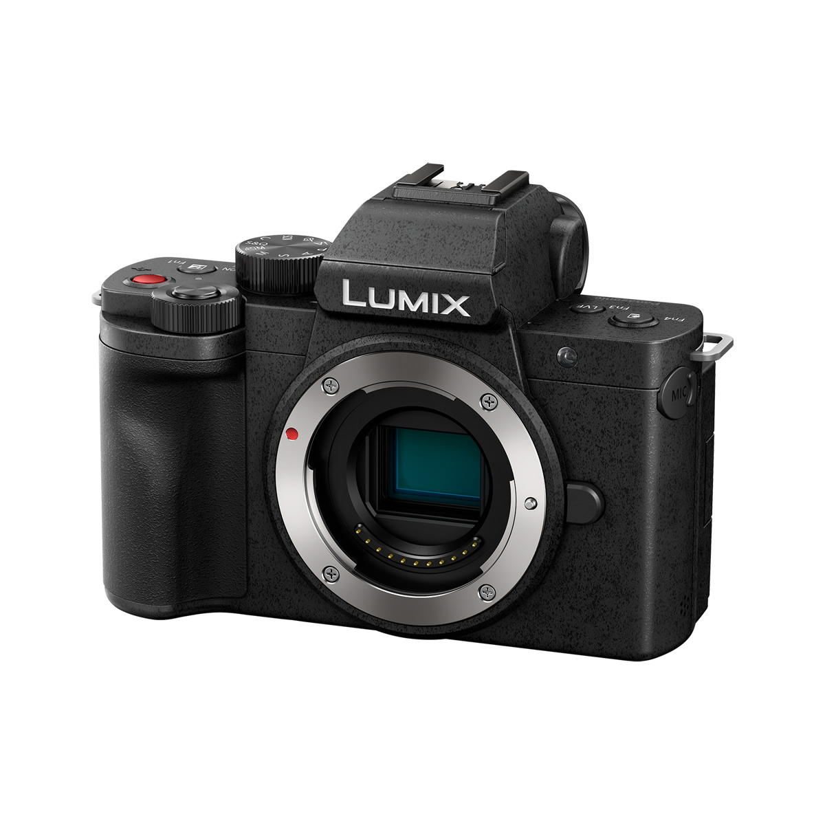 Schwarze Panasonic LUMIX Systemkamera ohne Objektiv, schräg von vorne mit sichtbarem Bildsensor und Metallbajonett auf weißem Hintergrund.