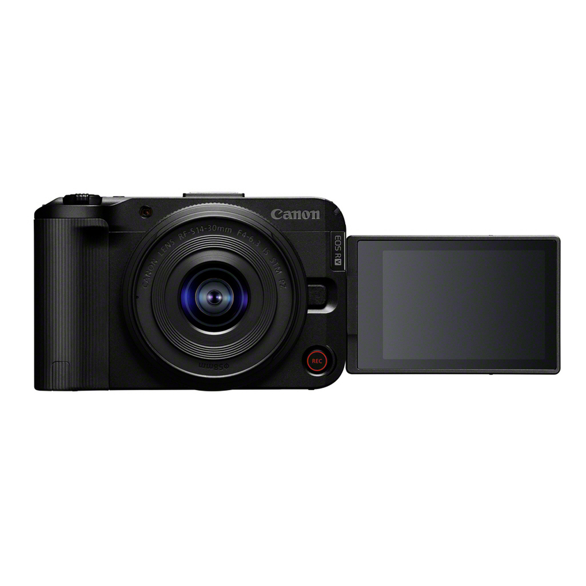 Schwarze Canon EOS R50 V Systemkamera mit angesetztem Objektiv und seitlich ausgeklapptem Display in frontaler Ansicht auf weißem Hintergrund.