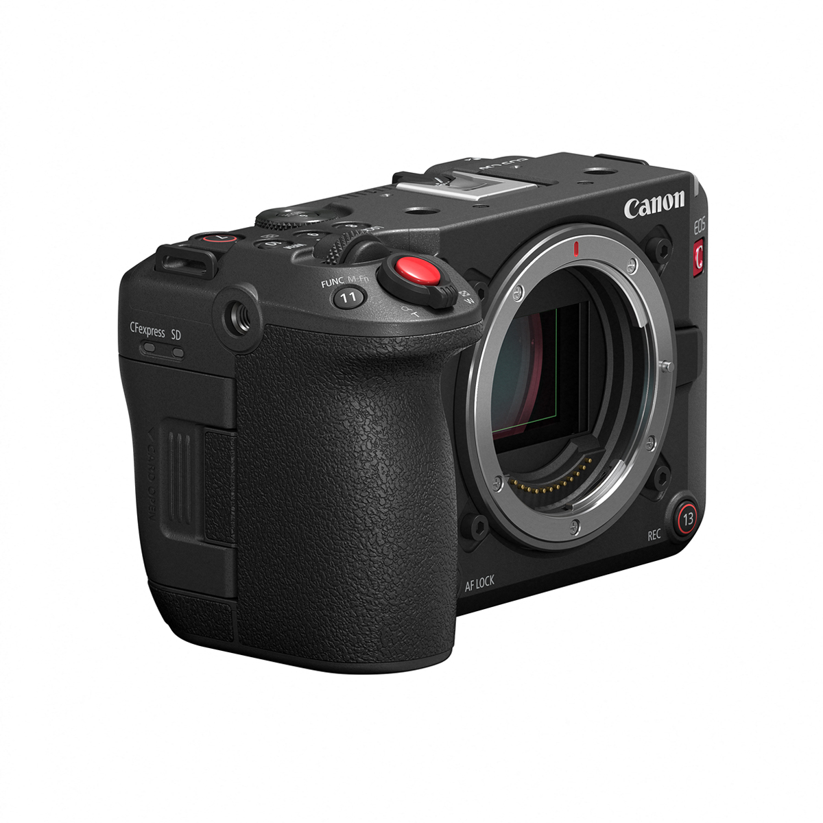 Schwarze Canon Cinema EOS Kamera ohne Objektiv, schräg von vorne mit sichtbarem RF-Bajonett, Handgriff und roter Aufnahmetaste auf weißem Hintergrund.