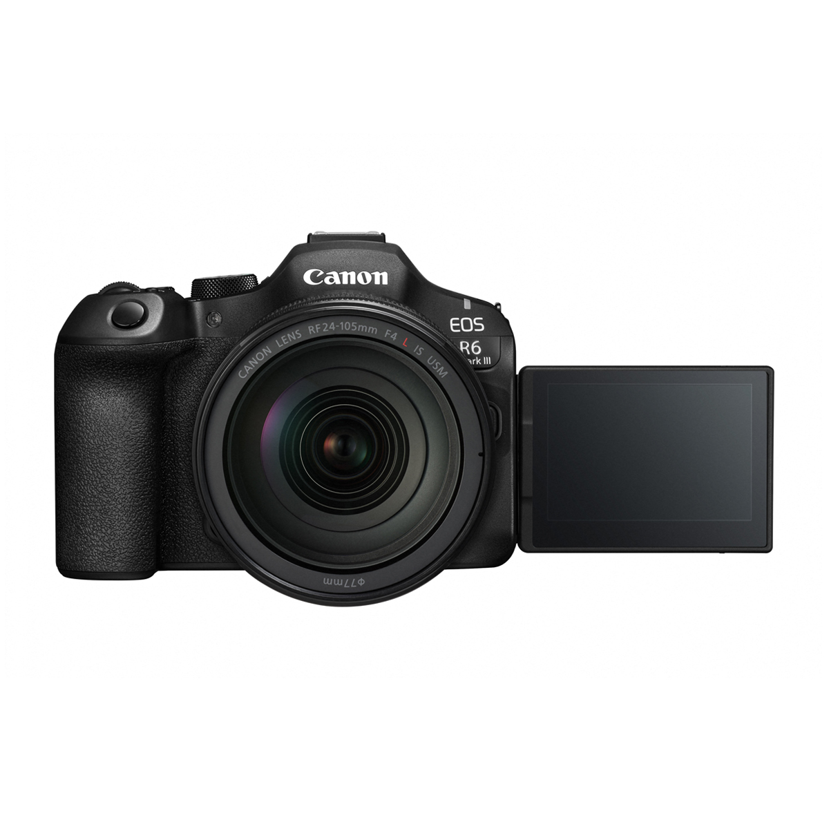 Frontansicht der Canon EOS R6 Mark II Systemkamera mit angesetztem RF 24-105mm Objektiv und seitlich ausgeklapptem, dreh- und schwenkbarem LCD-Display auf weißem Hintergrund.