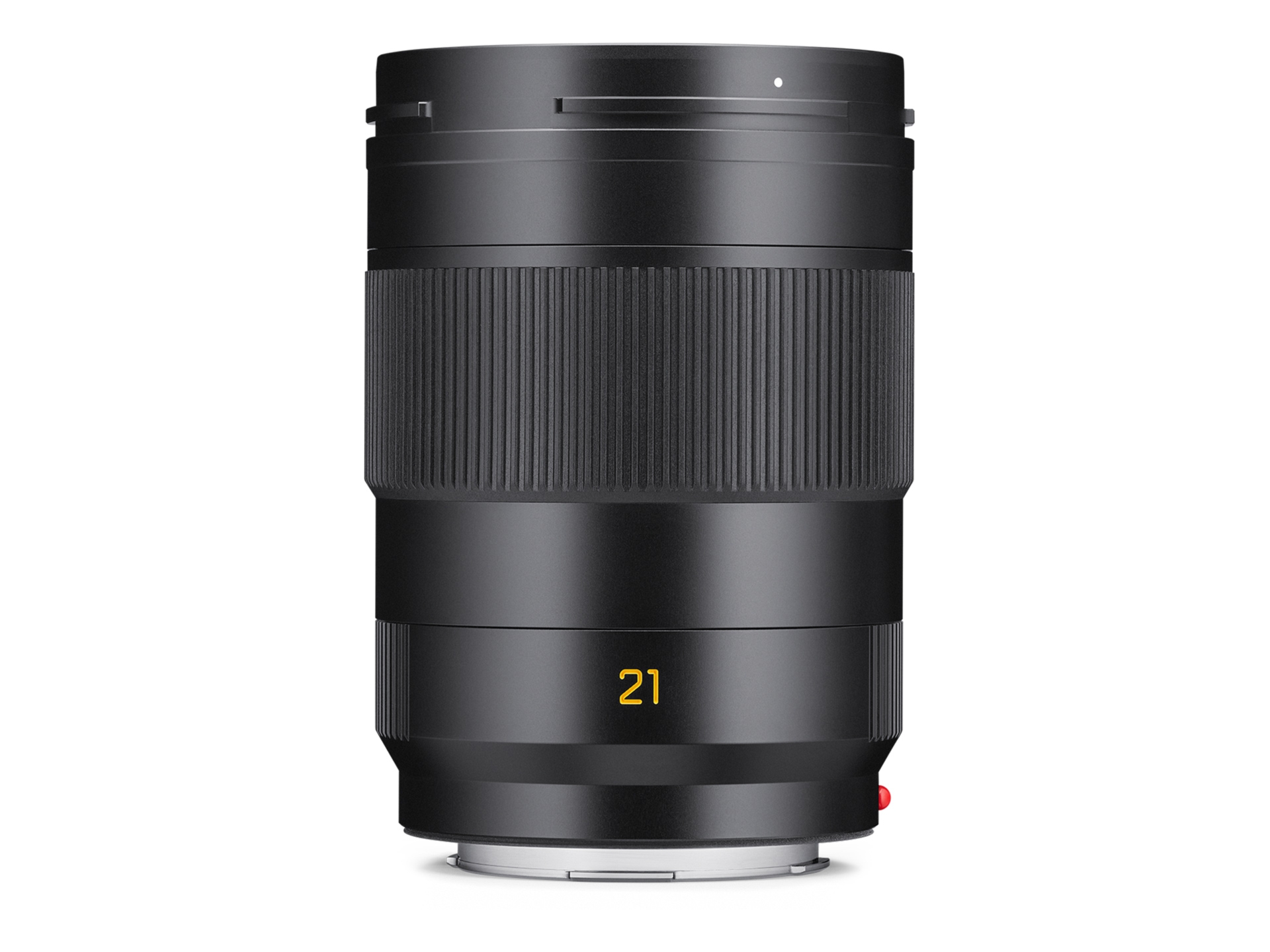 Ein zylinderförmiges, schwarzes Leica Super-APO-Summicron-SL 21mm f/2 ASPH. Kameraobjektiv in der vertikalen Frontalansicht vor weißem Hintergrund. Das minimalistisch gestaltete Aluminiumgehäuse besitzt einen breiten, fein geriffelten Fokusring in der Mit