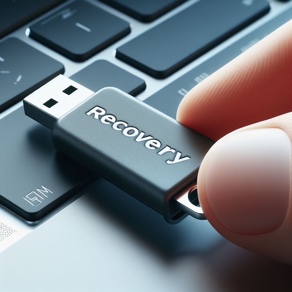 ein USB Stick auf dem recovery steht wird mit 2 Fingern festgehalten. Darunter ist die Tastatur eines laptops zu sehen