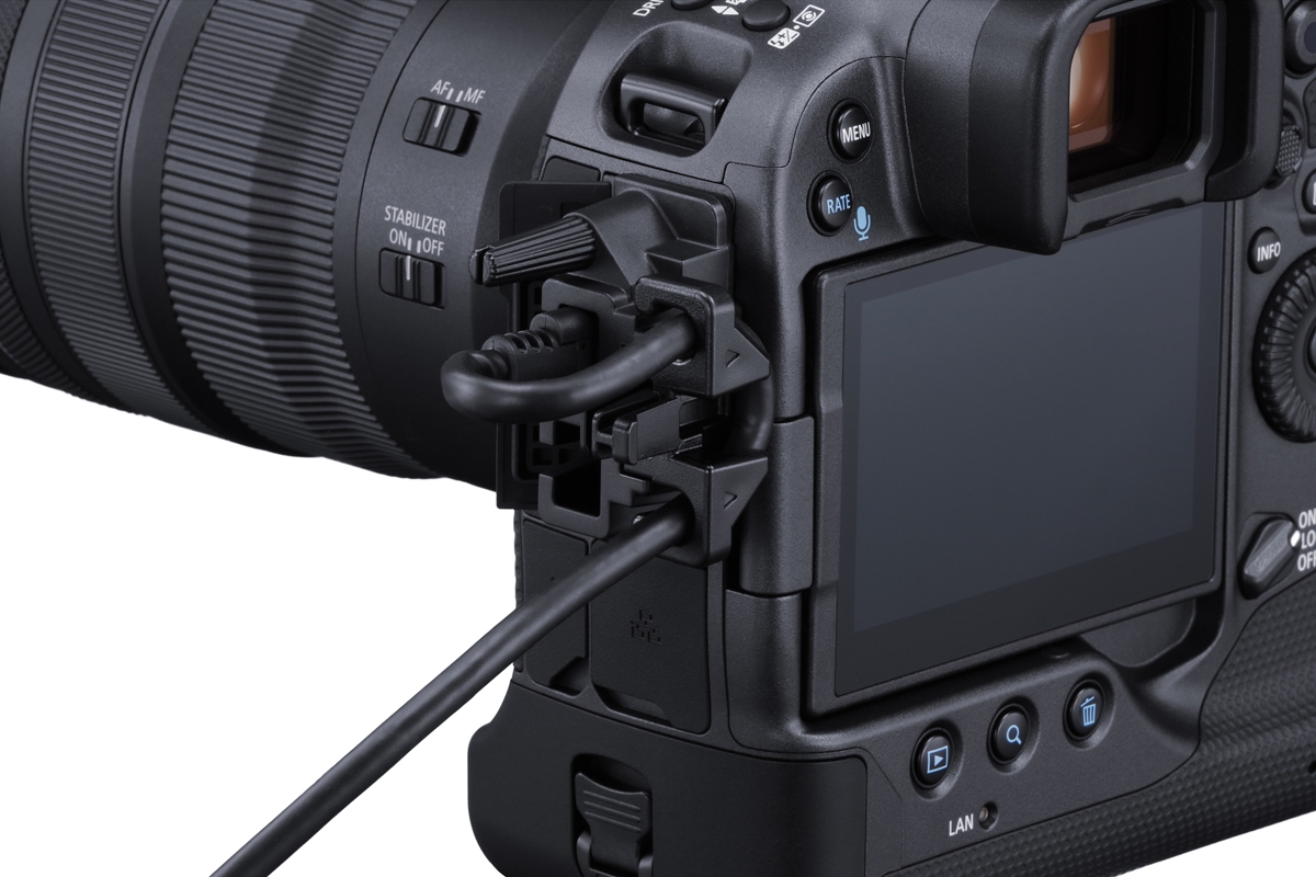 Detailansicht der Seite einer Canon EOS R3 Systemkamera mit geöffneten Anschlussabdeckungen und eingestecktem Kabel. Sichtbar sind außerdem das rückseitige Display, Bedienelemente und ein angesetztes Objektiv.