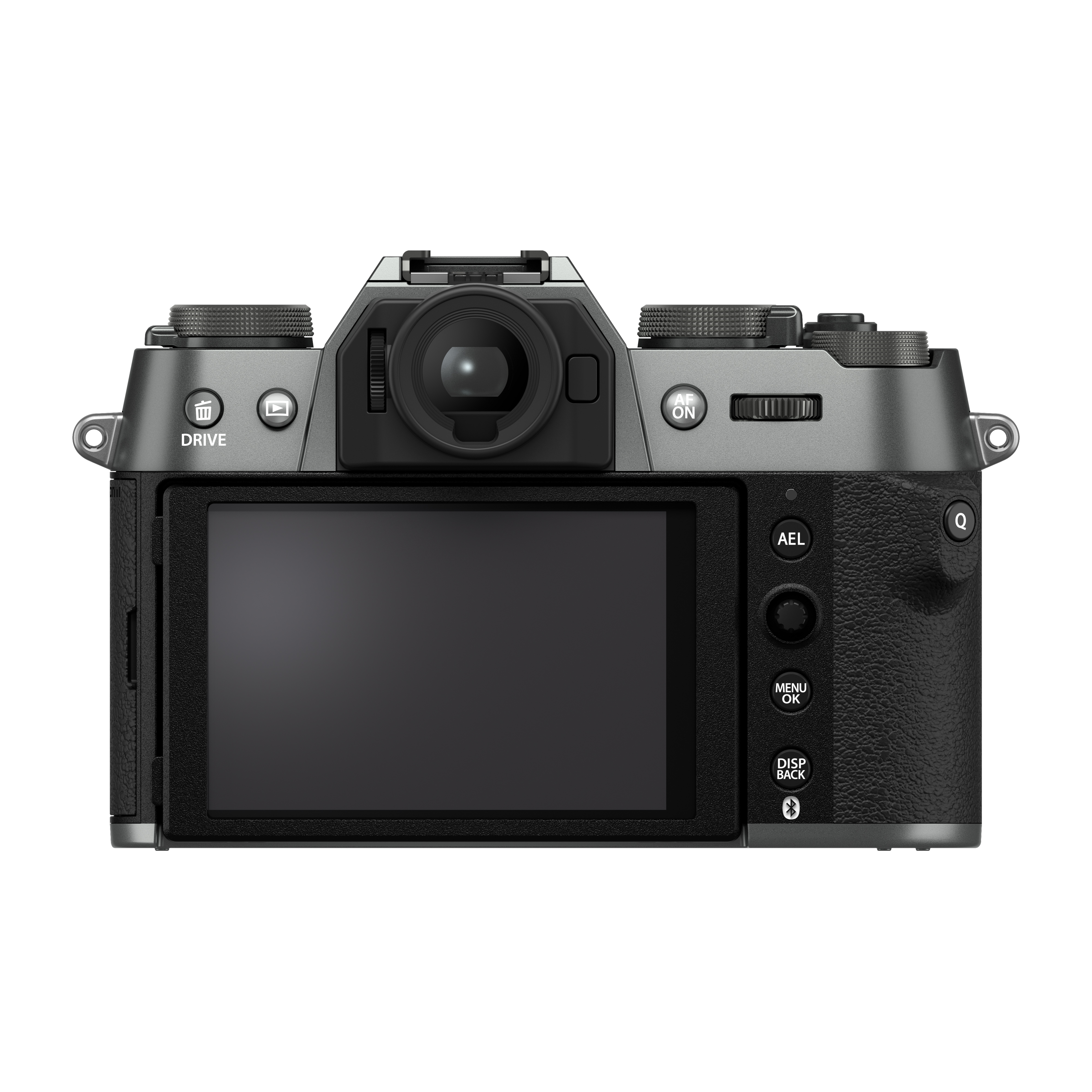 Fujifilm X-T50 spiegellose Systemkamera in Charcoal Silver (Dunkelsilber) in der direkten Rückansicht vor weißem Hintergrund, mit Fokus auf den großen, bündig eingelassenen LCD-Bildschirm, das zentrale Sucherokular sowie die seitlichen Bedienelemente wie