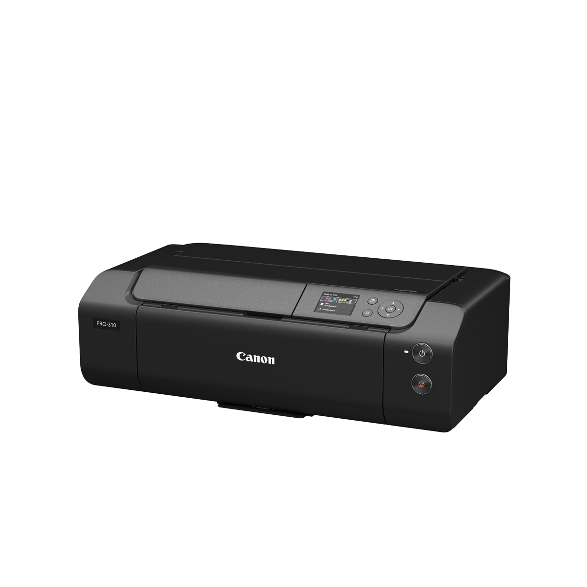 Schwarzer Canon Fotodrucker mit geschlossenem Gehäuse und Bedienfeld auf der Oberseite, schräg von vorne auf weißem Hintergrund.
