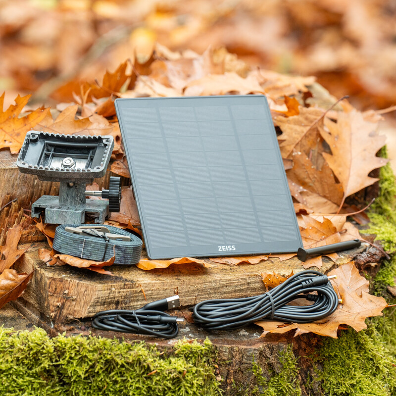 Das komplette ZEISS Secacam Solar Panel Pro Set für Wildkameras, arrangiert auf einem mit Moos bewachsenen Baumstumpf inmitten von braunem Herbstlaub. Im Mittelpunkt steht das flache, quadratische, dunkelgraue Solarmodul mit dem feinen weißen „ZEISS“-Schr
