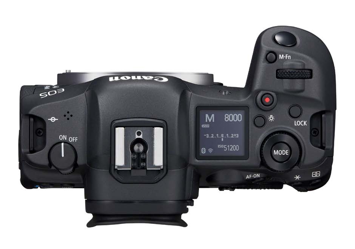 Canon EOS R5 Systemkamera in Schwarz – Draufsicht mit Schulterdisplay und Bedienelementen