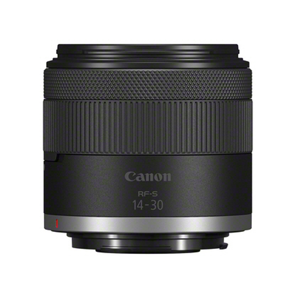 Canon RF-S 14–30 mm Zoomobjektiv in Schwarz, seitlich frontal dargestellt mit breitem Zoomring und kompaktem Gehäuse auf weißem Hintergrund.