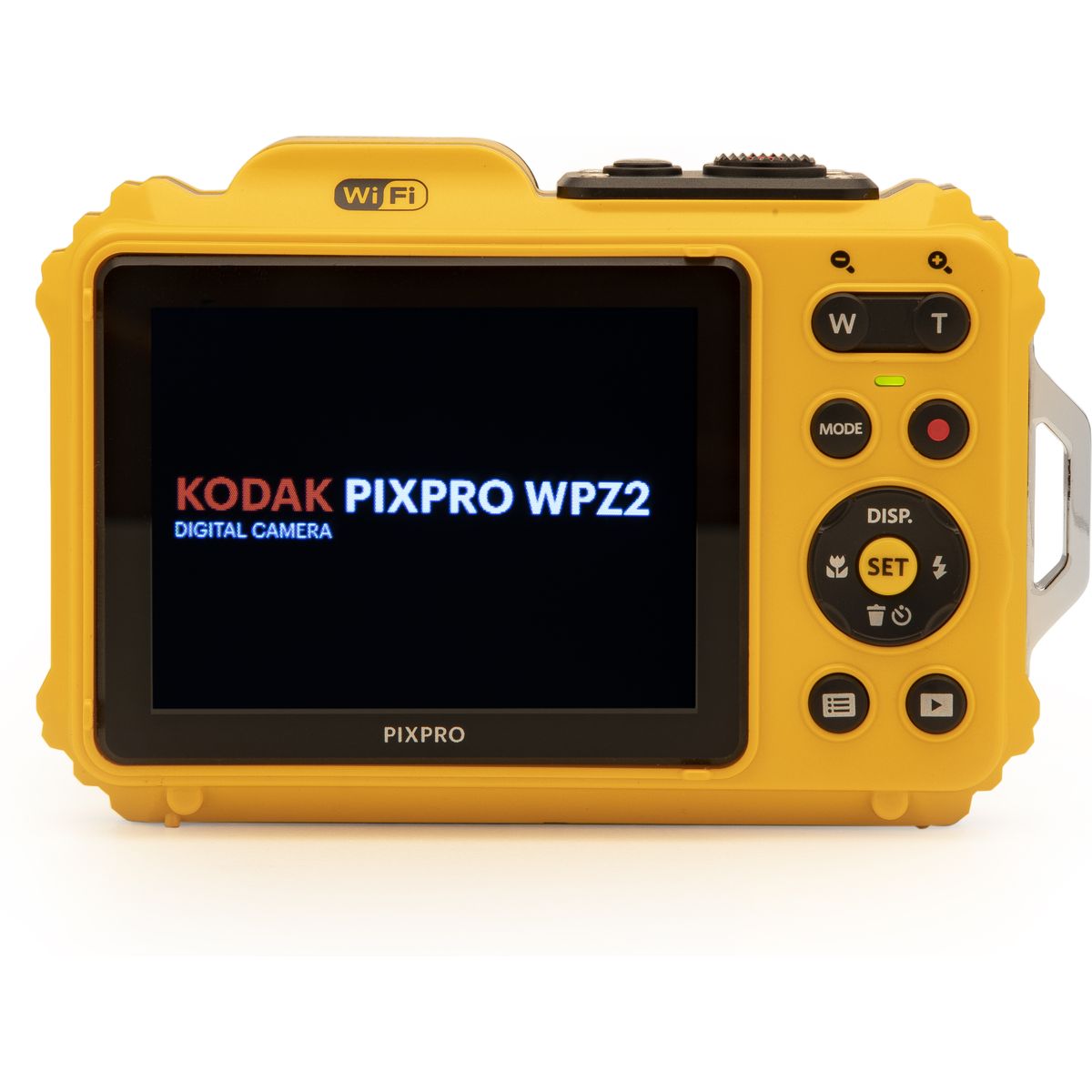 Rückansicht einer gelben Kodak Pixpro WPZ2 Outdoor-Kamera vor weißem Hintergrund mit eingeschaltetem LCD-Display, dem Startbildschirm-Logo sowie den Steuerungs- und Zoomtasten auf der rechten Gehäuseseite.