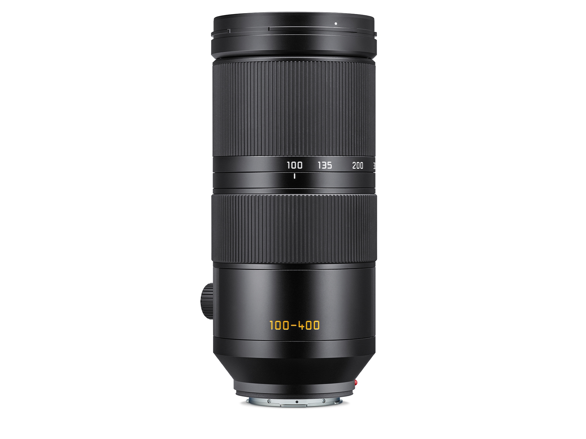 Schwarzes Leica Telezoomobjektiv mit Brennweitenbereich 100–400 mm, breiten geriffelten Einstellringen und sichtbarer Brennweitenskala vor weißem Hintergrund.