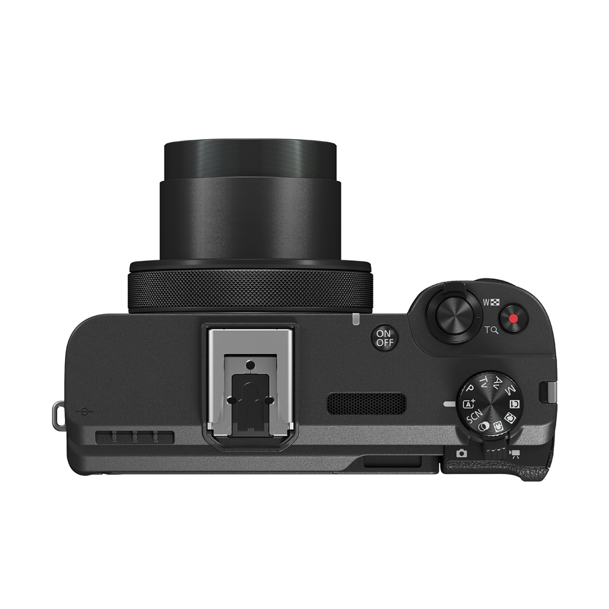 Canon Kompaktkamera in Draufsicht mit ausgefahrenem Objektiv, Blitzschuh, Moduswahlrad, Auslöser und Video-Aufnahmetaste auf weißem Hintergrund.