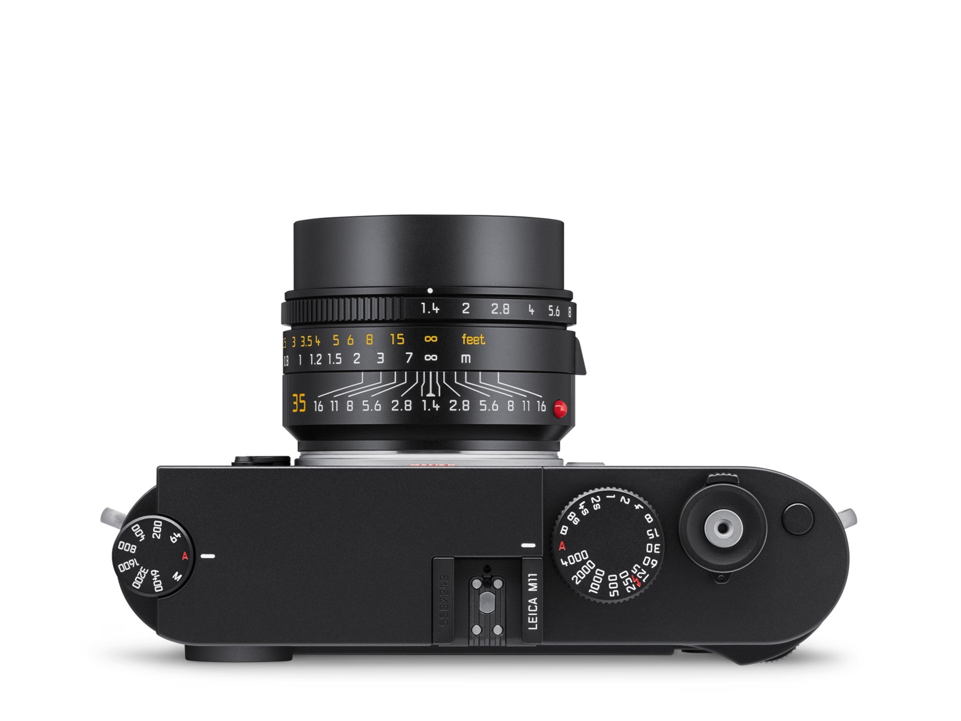 Leica M Messsucherkamera in Schwarz mit Objektiv – Ansicht von oben