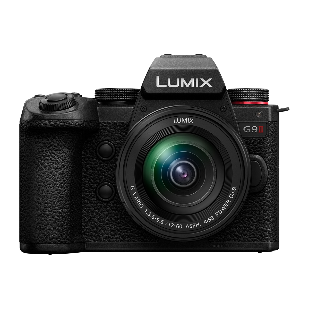 Panasonic LUMIX G9 II Systemkamera mit angesetztem Zoomobjektiv in frontaler Ansicht auf weißem Hintergrund.