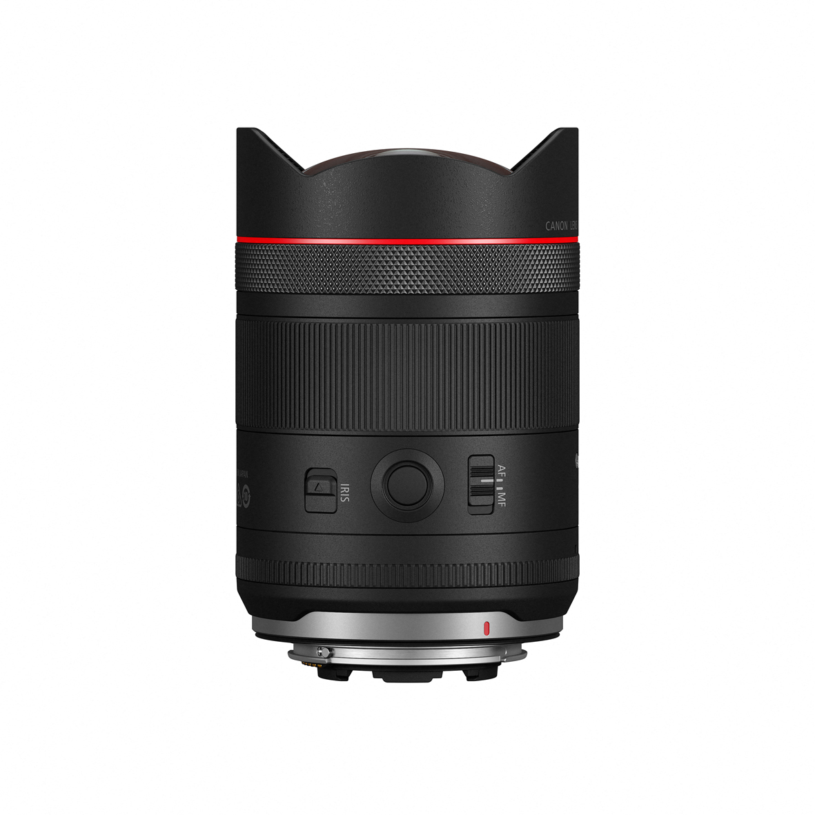 Symmetrische Produktansicht des Canon RF 14mm f/1.4 L VCM Ultraweitwinkel-Objektivs mit Fokus auf die seitlichen Bedienelemente wie den programmierbaren Lens-Function-Button, den AF/MF-Schalter und den Iris-Lock-Schalter vor weißem Hintergrund.