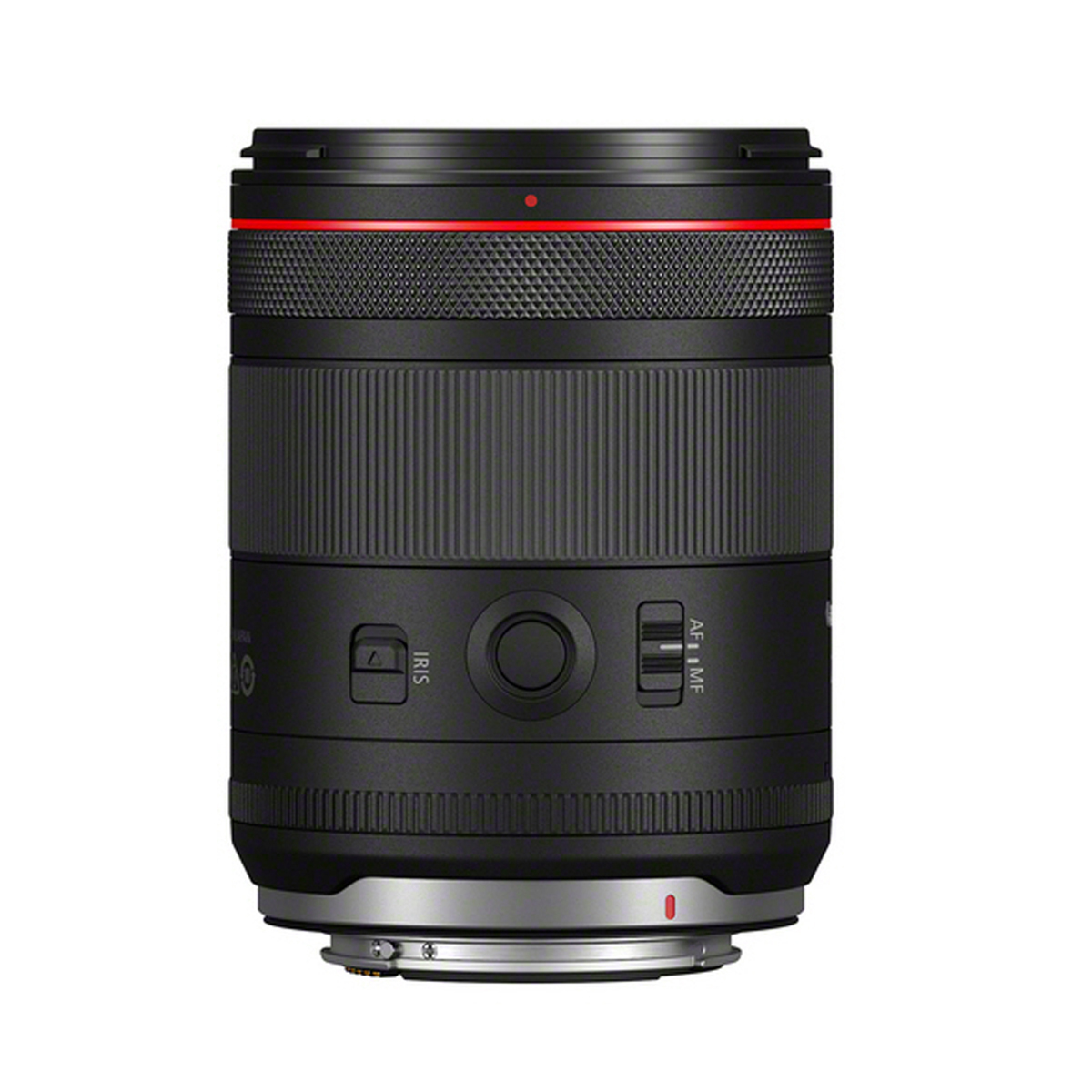 Schwarzes Canon RF Objektiv der L-Serie mit rotem Akzentring, breitem Fokusring und seitlichen Bedienelementen, Seitenansicht auf weißem Hintergrund.